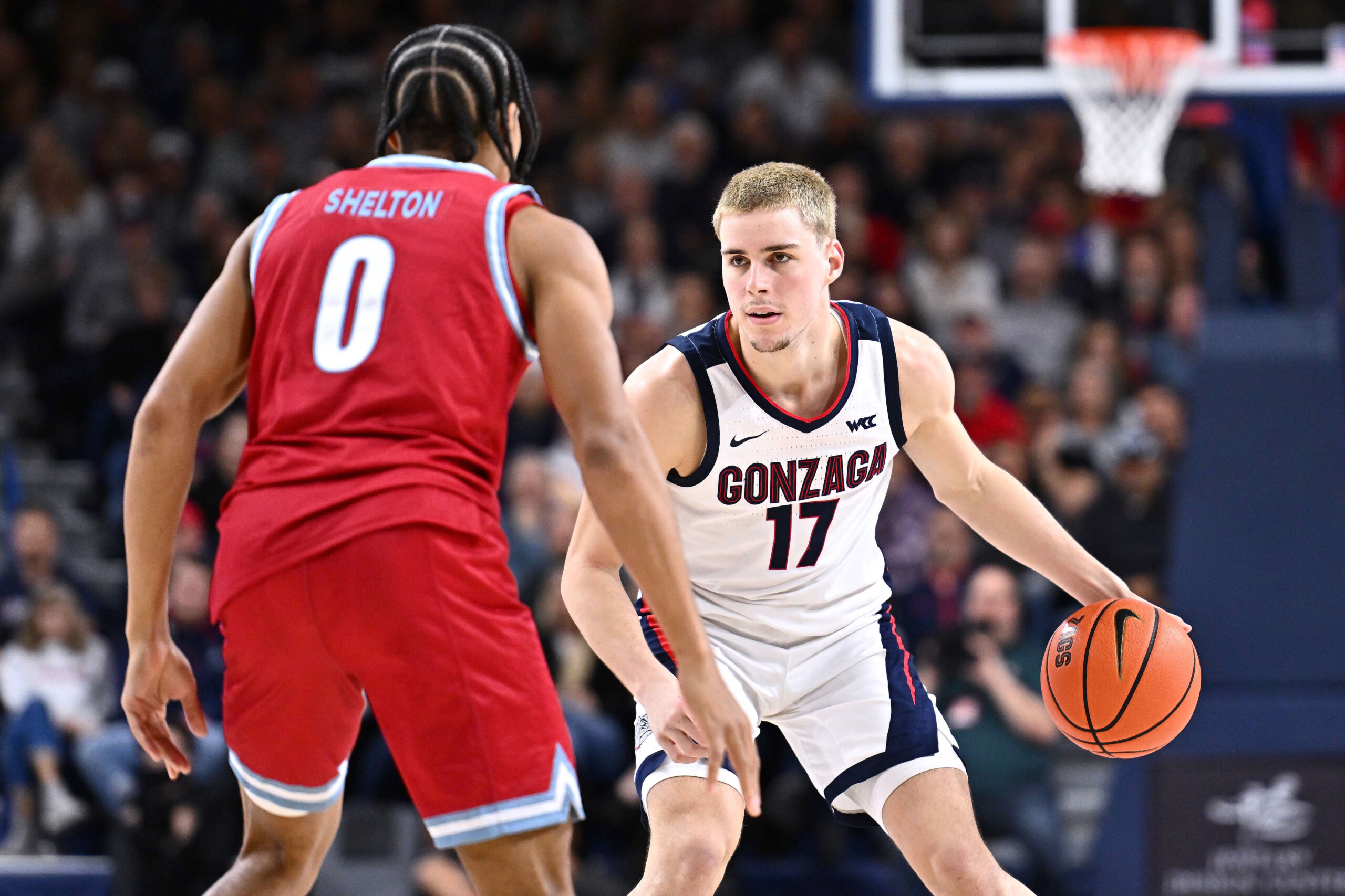 Jan 4, 2026; Spokane, Washington, USA;Gonzaga Bulldogs guard Mario Saint-Supery (17) controls the ball against Loyola Marymount Lions guard Nakyel Shelton (0)  in the second half at McCarthey Athletic Center. Mandatory Credit: James Snook-Imagn Images