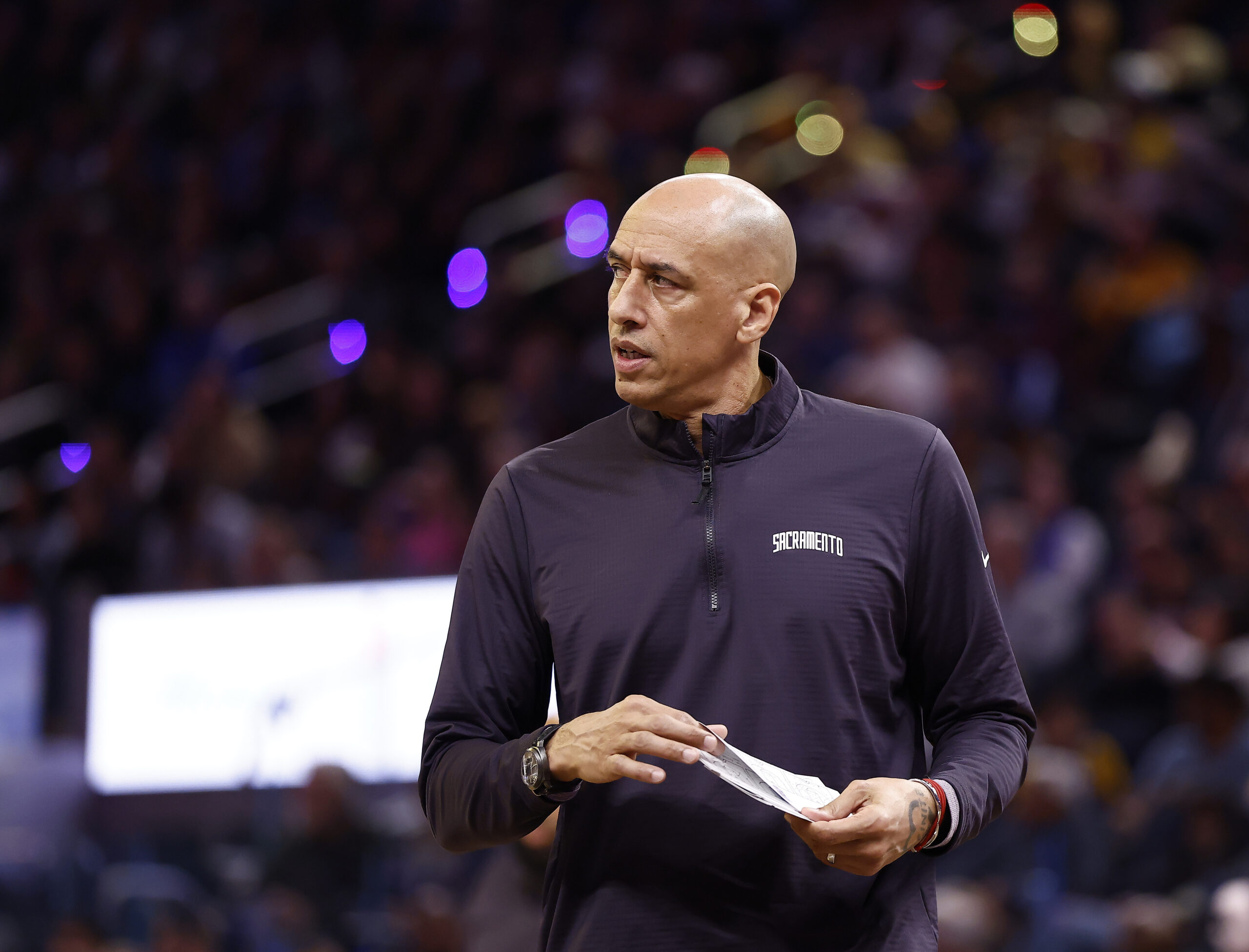 Jan 9, 2026; San Francisco, California, USA; Sacramento Kings head coach Doug Christie during a timeout against the Golden State Warriors during the third quarter at Chase Center. Mandatory Credit: Kelley L Cox-Imagn Images