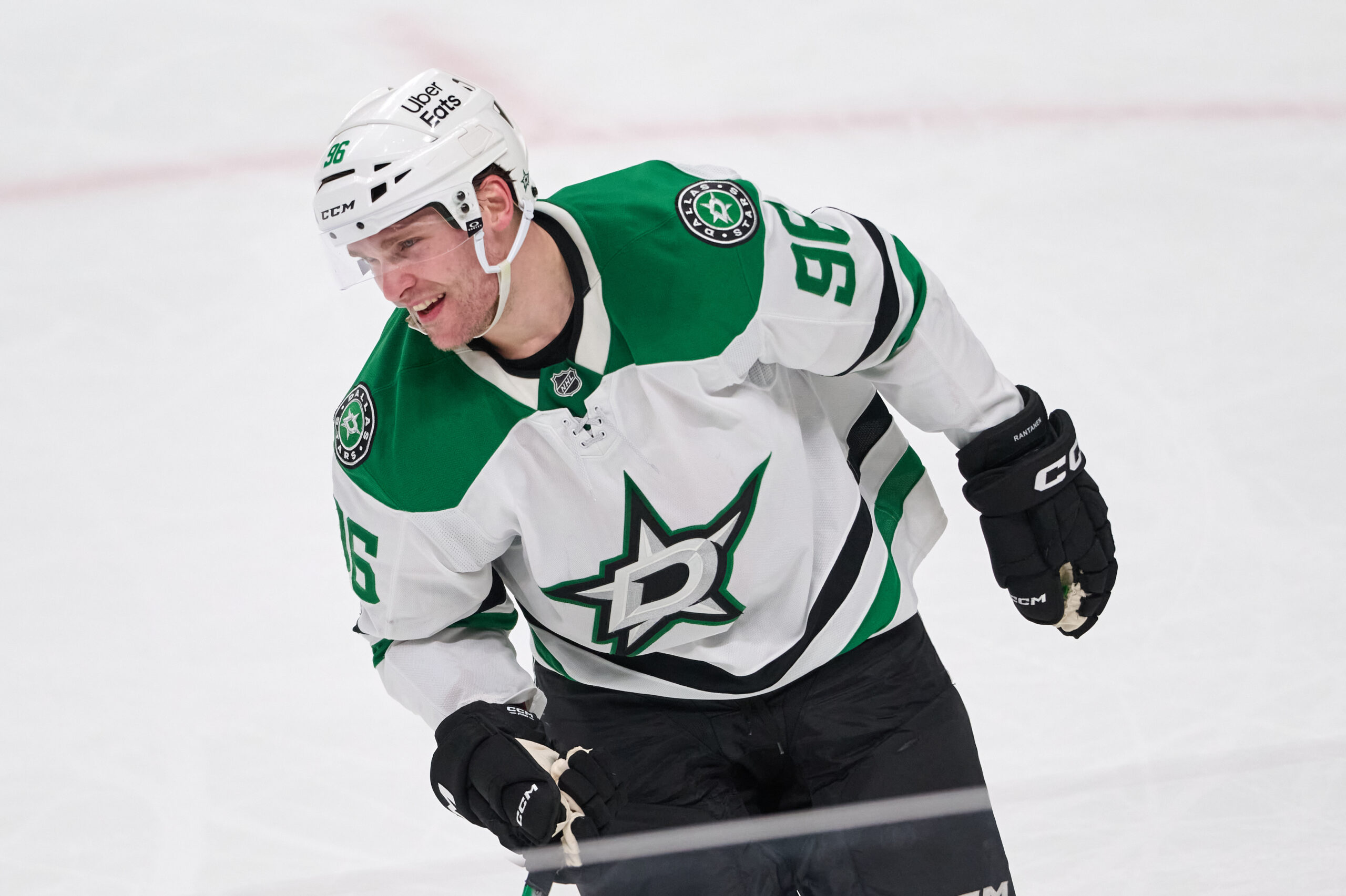 Jan 10, 2026; San Jose, California, USA; Dallas Stars right wing Mikko Rantanen (96) reacts and skates to the penalty box after being called for a holding penalty against San Jose Sharks center Alexander Wennberg (not pictured) during the overtime period at SAP Center at San Jose. Mandatory Credit: Robert Edwards-Imagn Images