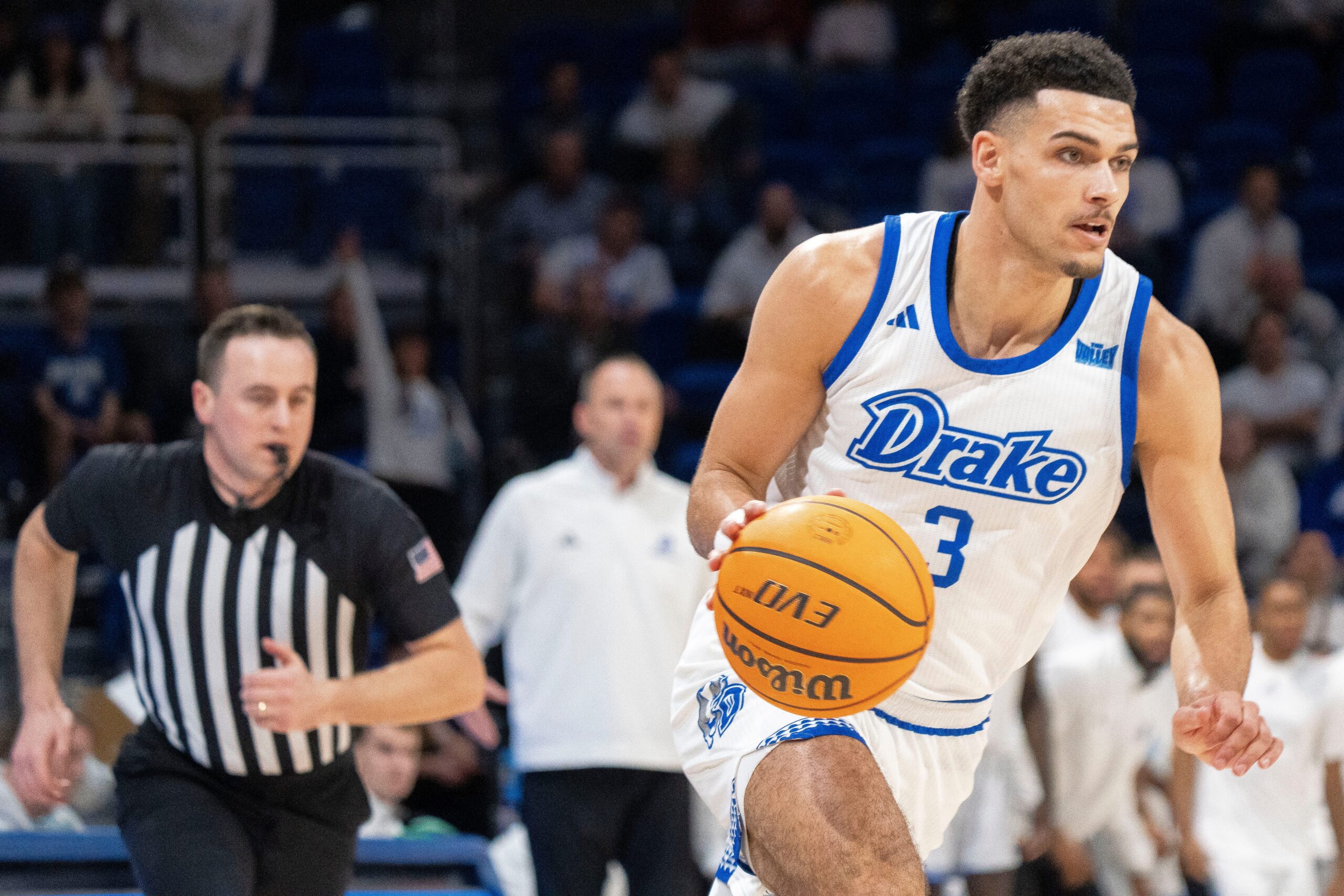 Drake's Jalen Quinn secures a steal during a game at Knapp Center on Saturday, Jan. 10, 2026 in Des Moines.