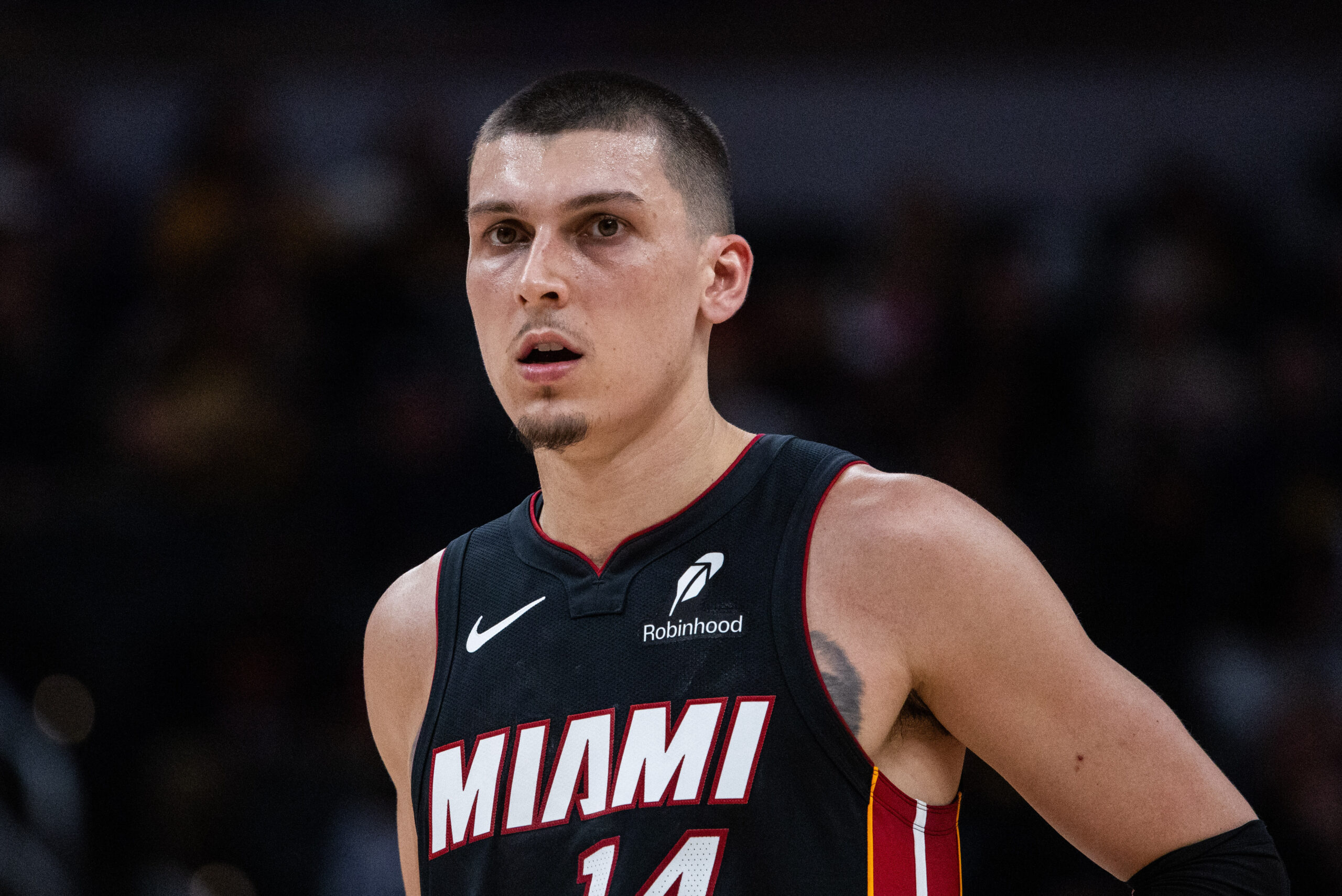 Jan 10, 2026; Indianapolis, Indiana, USA;  Miami Heat guard Tyler Herro (14) in the second half against the Indiana Pacers at Gainbridge Fieldhouse. Mandatory Credit: Trevor Ruszkowski-Imagn Images