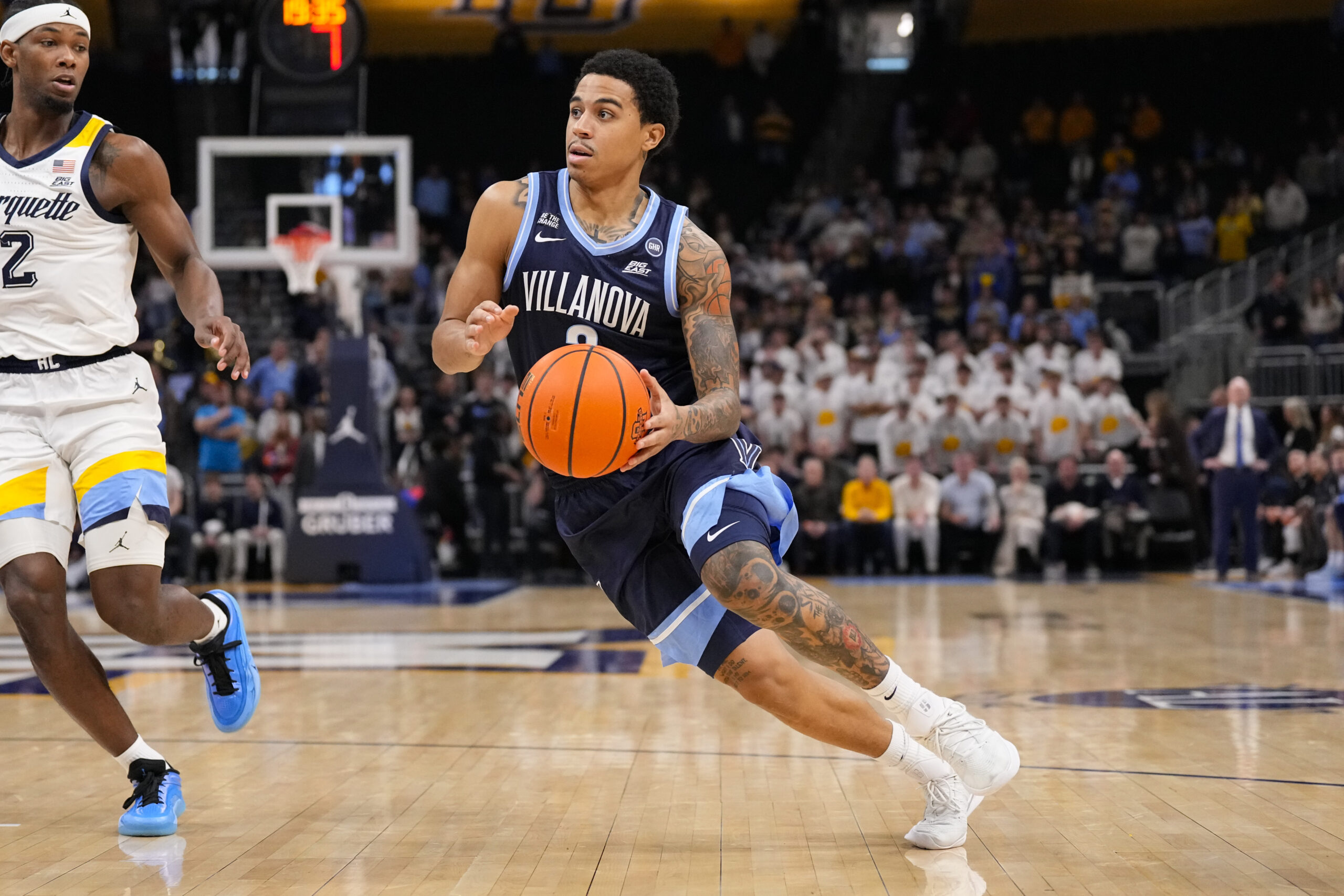 Jan 10, 2026; Milwaukee, Wisconsin, USA;  Villanova Wildcats guard Bryce Lindsay (2) during the game against the Marquette Golden Eagles at Fiserv Forum. Mandatory Credit: Jeff Hanisch-Imagn Images