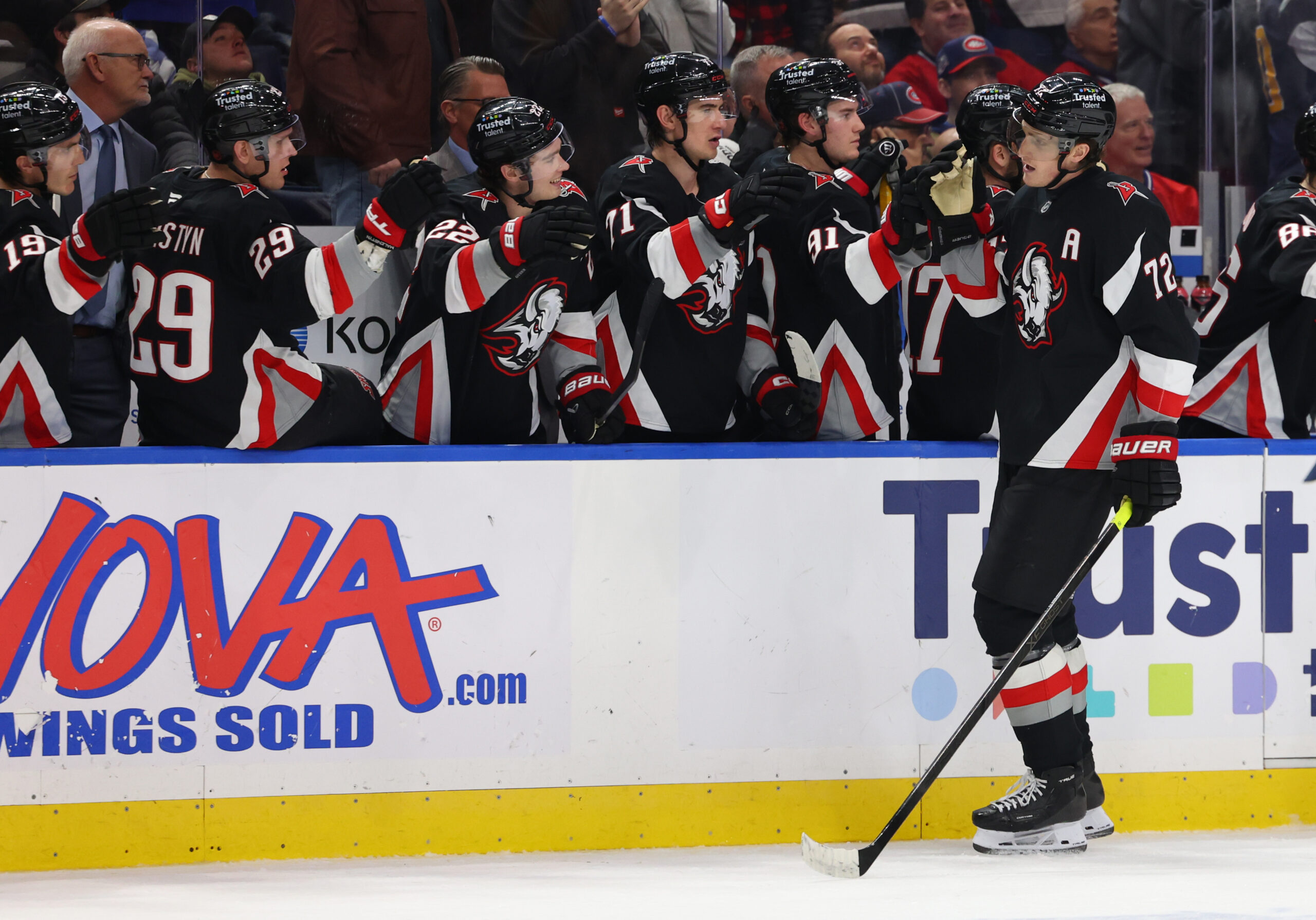 Jan 15, 2026; Buffalo, New York, USA;  Buffalo Sabres center Tage Thompson (72) celebrates his third goal of the game with teammates during the third period against the Montréal Canadiens at KeyBank Center. Mandatory Credit: Timothy T. Ludwig-Imagn Images