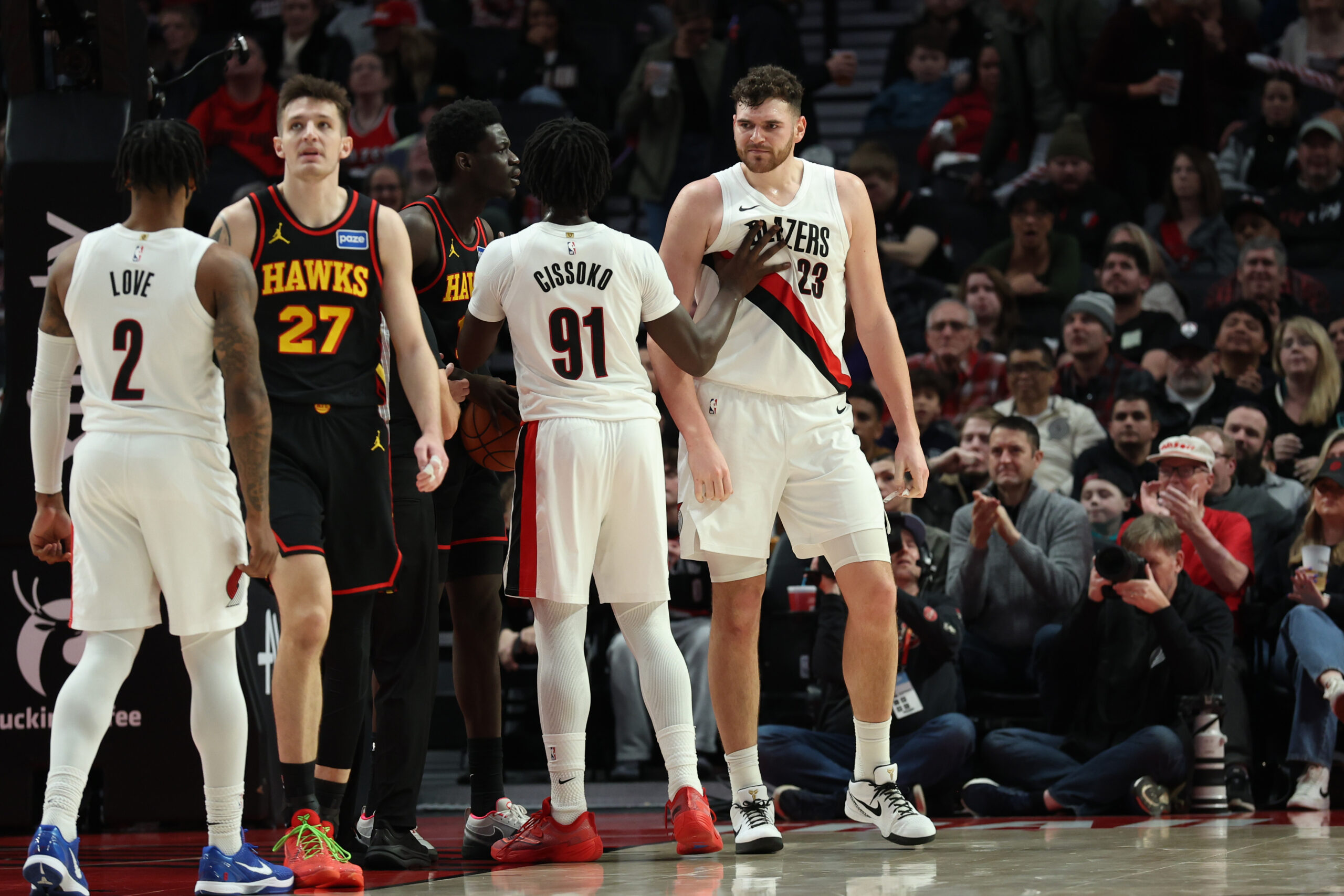 Jan 15, 2026; Portland, Oregon, USA;  Portland Trail Blazers center Donovan Clingan (23) reacts after scoring against the Atlanta Hawks during the second half at Moda Center. Mandatory Credit: Jaime Valdez-Imagn Images