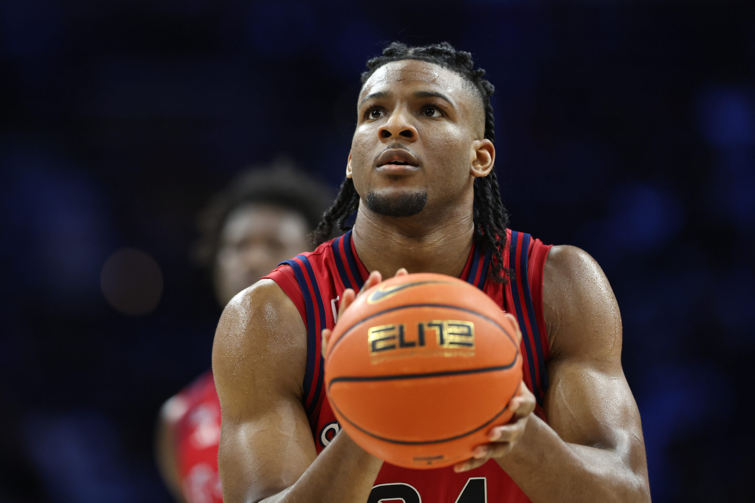 Jan 17, 2026; Philadelphia, Pennsylvania, USA; St. John's Red Storm forward Zuby Ejiofor (24) shoots against the Villanova Wildcats during the second half at Xfinity Mobile Arena. Mandatory Credit: Bill Streicher-Imagn Images