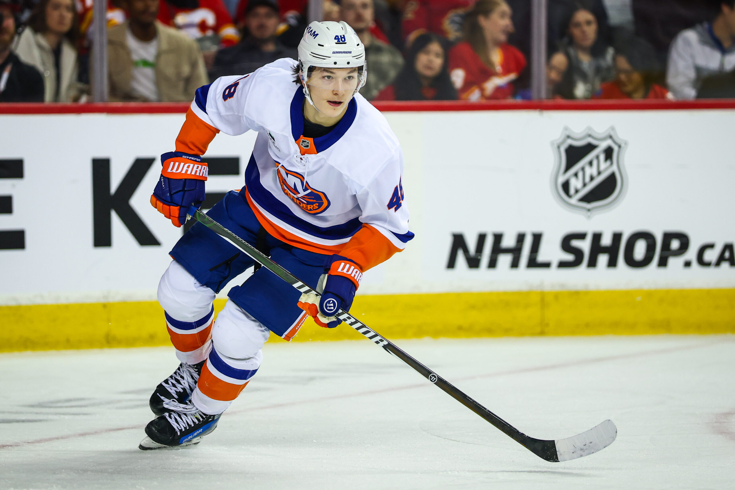 Jan 17, 2026; Calgary, Alberta, CAN; New York Islanders defenseman Matthew Schaefer (48) skates against the Calgary Flames during the second period at Scotiabank Saddledome. Mandatory Credit: Sergei Belski-Imagn Images