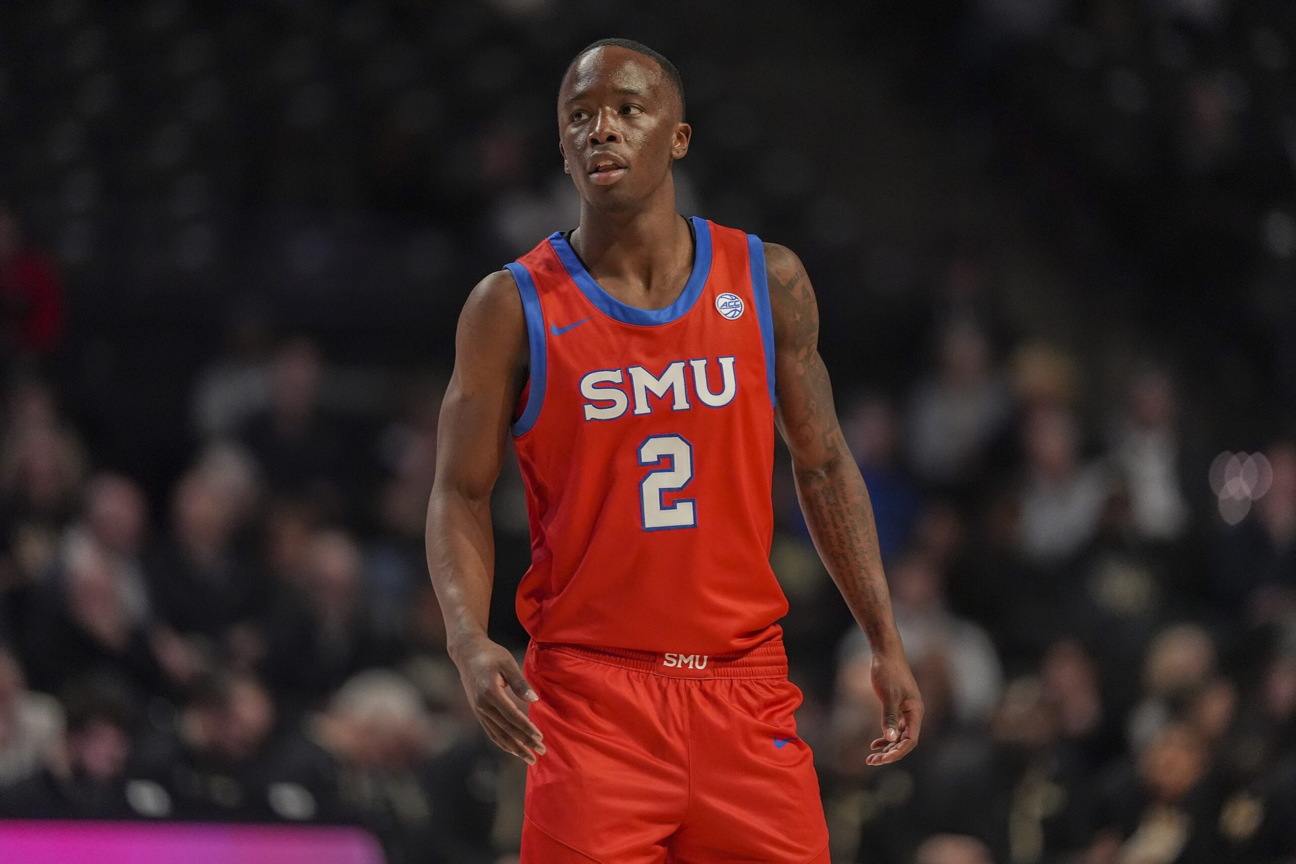 Jan 20, 2026; Winston-Salem, North Carolina, USA; Southern Methodist University Mustangs guard Boopie Miller (2) watches a free throw attempt  during the first half against the Wake Forest Demon Deacons at Lawrence Joel Veterans Memorial Coliseum. Mandatory Credit: Jim Dedmon-Imagn Images
