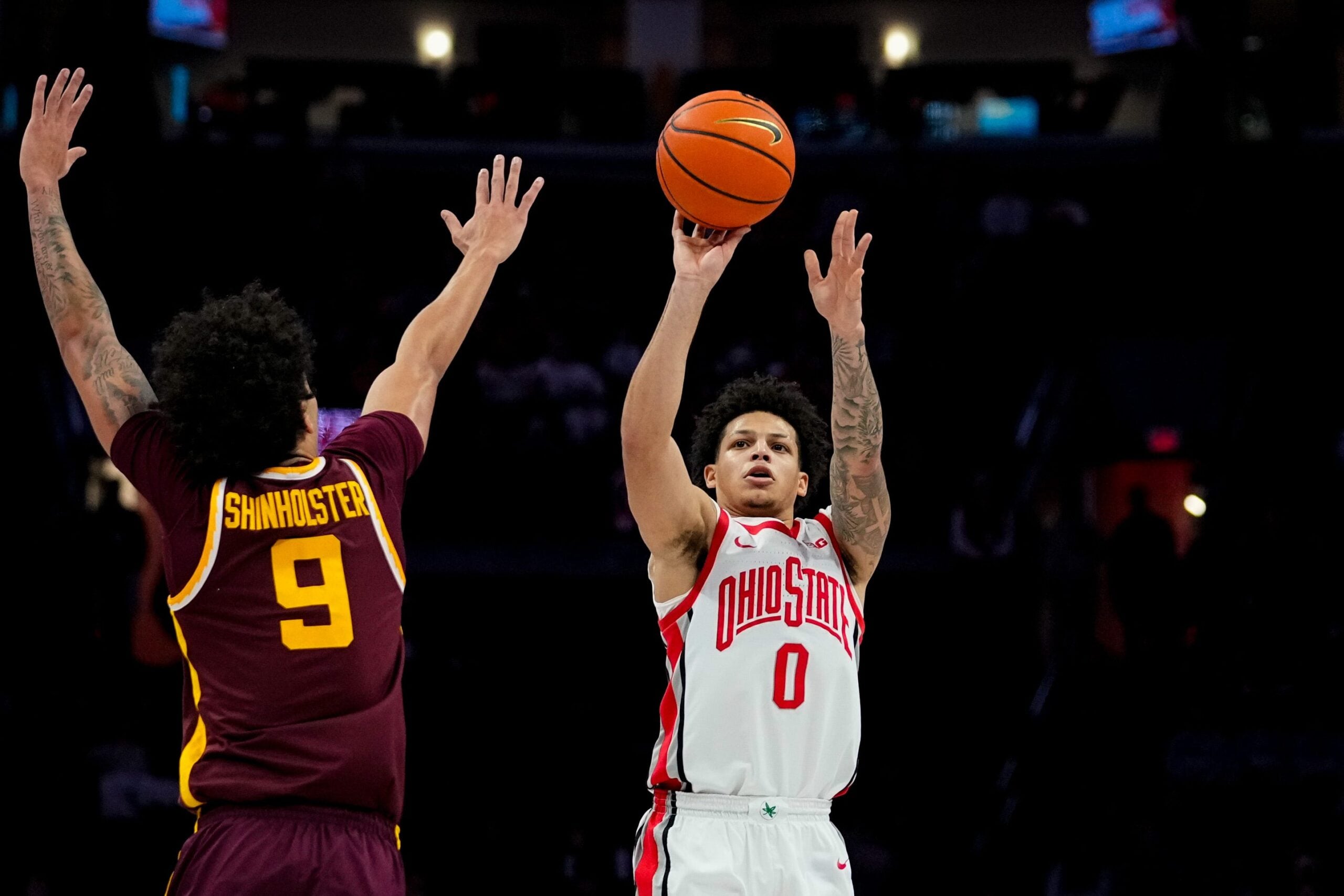 Ohio State Buckeyes guard John Mobley Jr. (0) shoots the ball in the first half of the NCAA basketball game at Value City Arena on Tuesday, Jan. 20, 2026 in Columbus, Ohio.