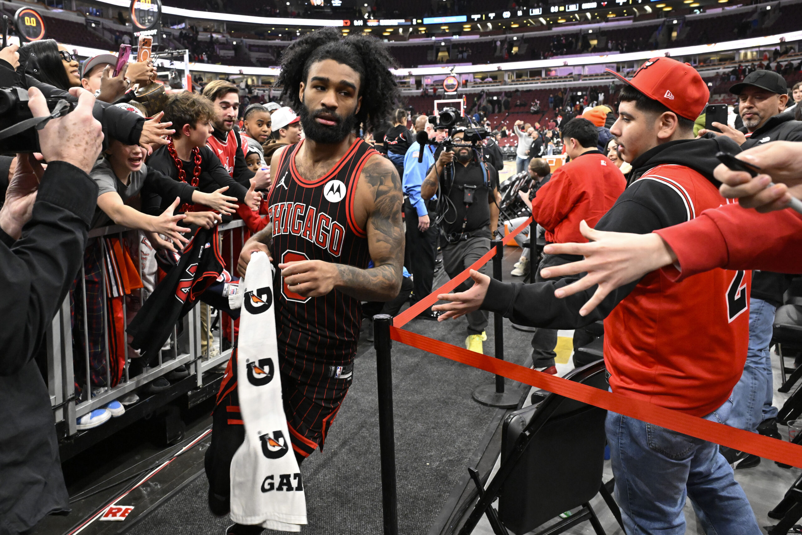 Jan 20, 2026; Chicago, Illinois, USA; Chicago Bulls guard Coby White (0) leaves the court after the game against the LA Clippers  at United Center. Mandatory Credit: Matt Marton-Imagn Images