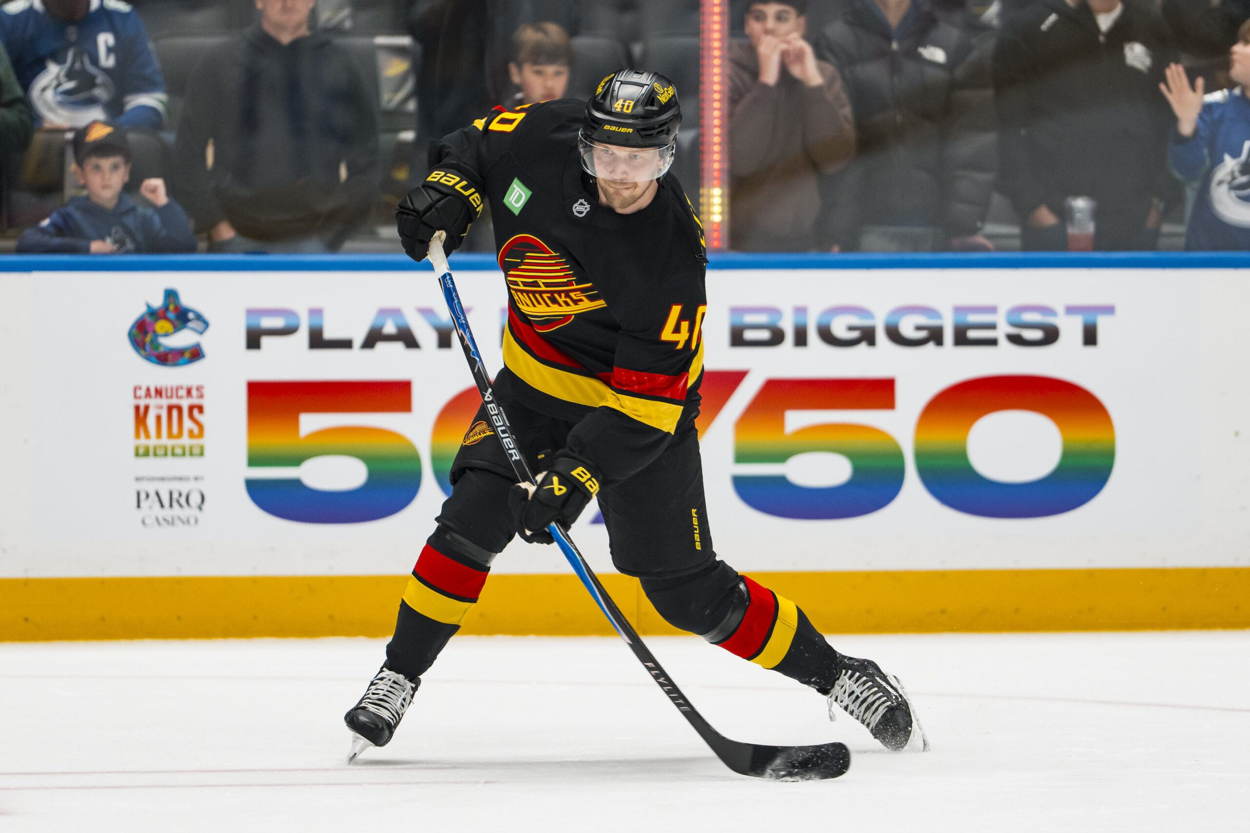 Jan 21, 2026; Vancouver, British Columbia, CAN; Vancouver Canucks forward Elias Pettersson (40) shoots in warm up prior to a game against the Washington Capitals at Rogers Arena. Mandatory Credit: Bob Frid-Imagn Images
