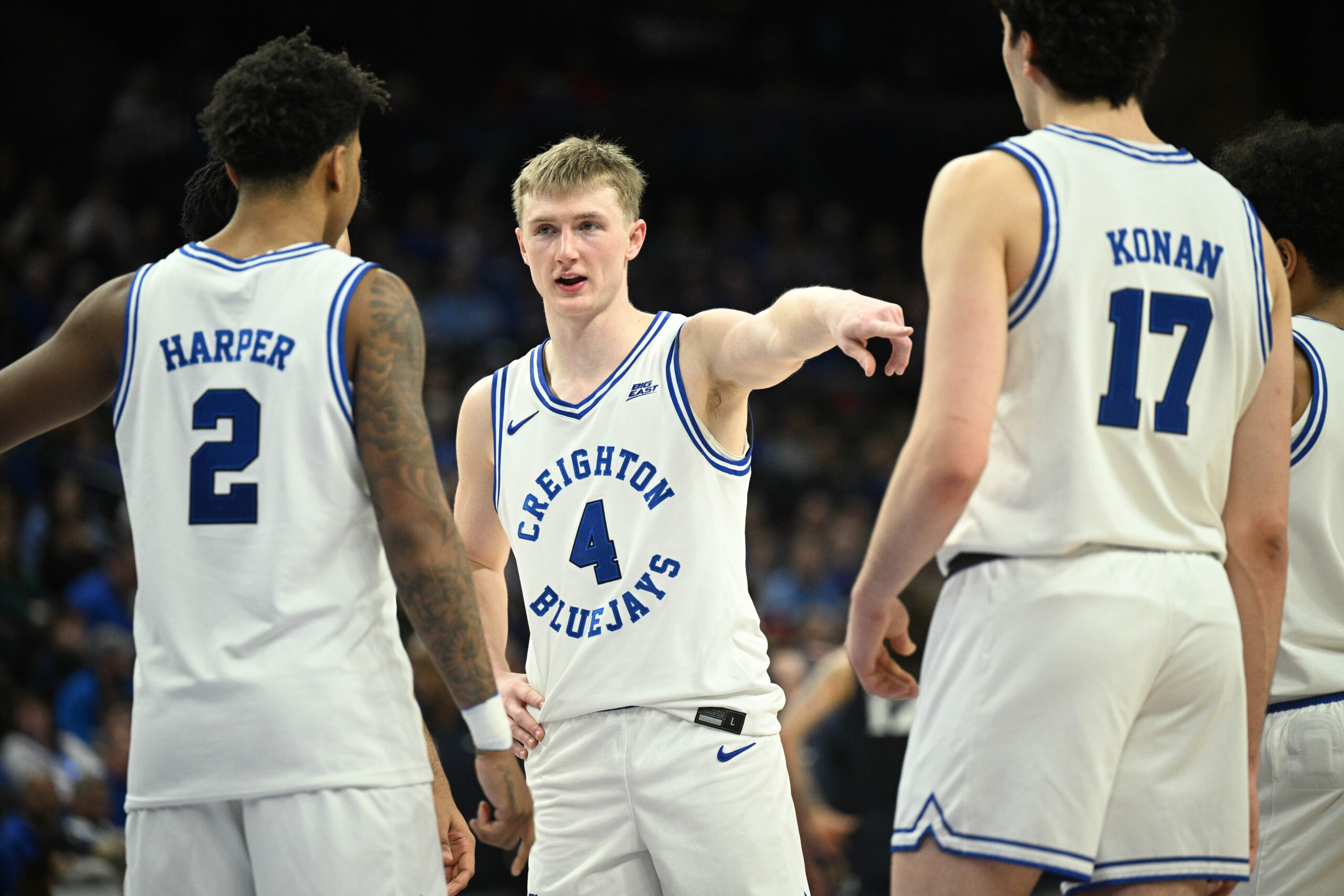 Jan 21, 2026; Omaha, Nebraska, USA; Creighton Bluejays guard Josh Dix (4) and guard Blake Harper (2) and forward Kerem Konan (17) on the court against the Xavier Musketeers during the second half at CHI Health Center Omaha. Mandatory Credit: Steven Branscombe-Imagn Images
