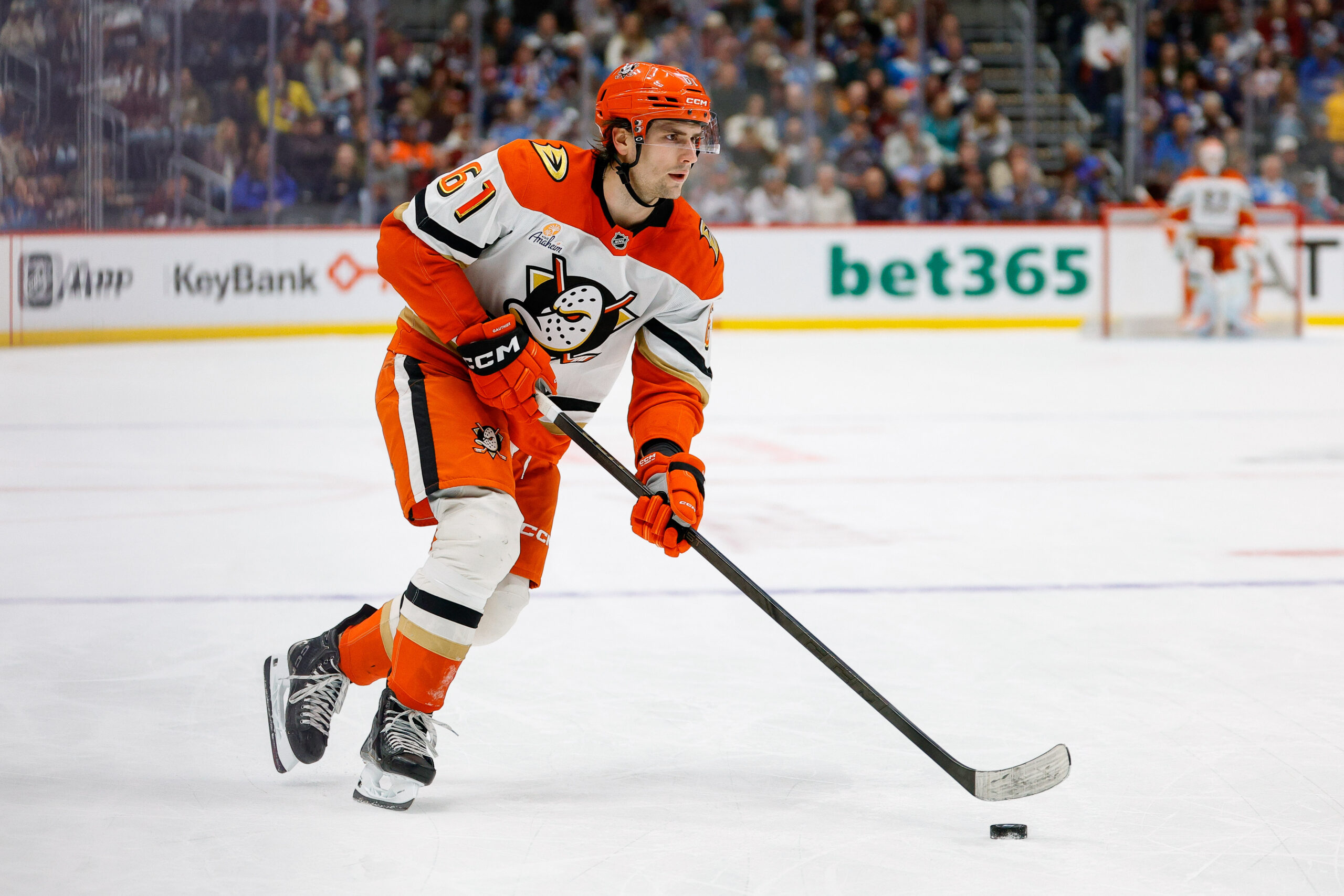 Jan 21, 2026; Denver, Colorado, USA; Anaheim Ducks left wing Cutter Gauthier (61) controls the puck on the game winning goal in the shootout against the Colorado Avalanche at Ball Arena. Mandatory Credit: Isaiah J. Downing-Imagn Images