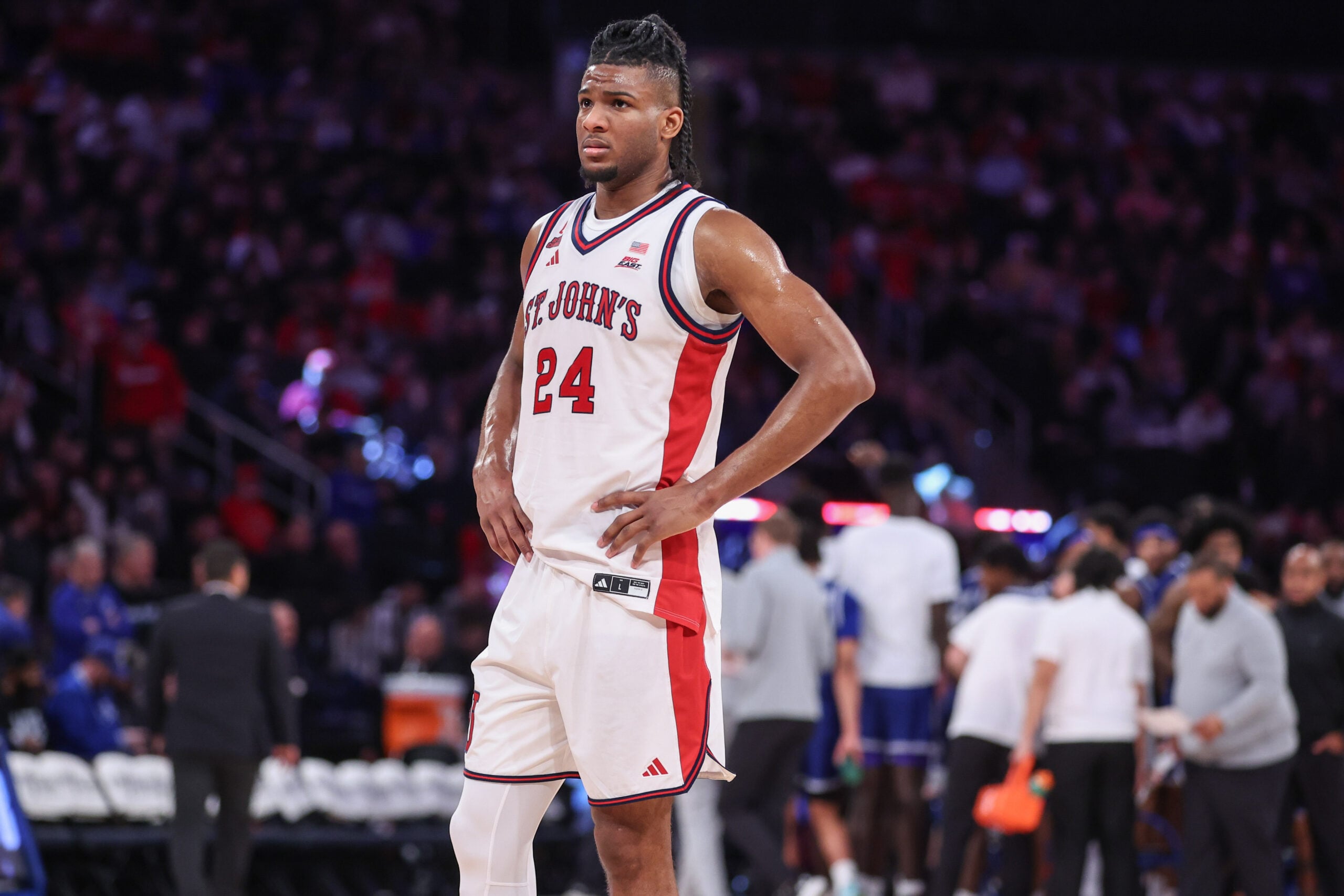Jan 20, 2026; New York, New York, USA;  St. John's Red Storm forward Zuby Ejiofor (24) at Madison Square Garden. Mandatory Credit: Wendell Cruz-Imagn Images