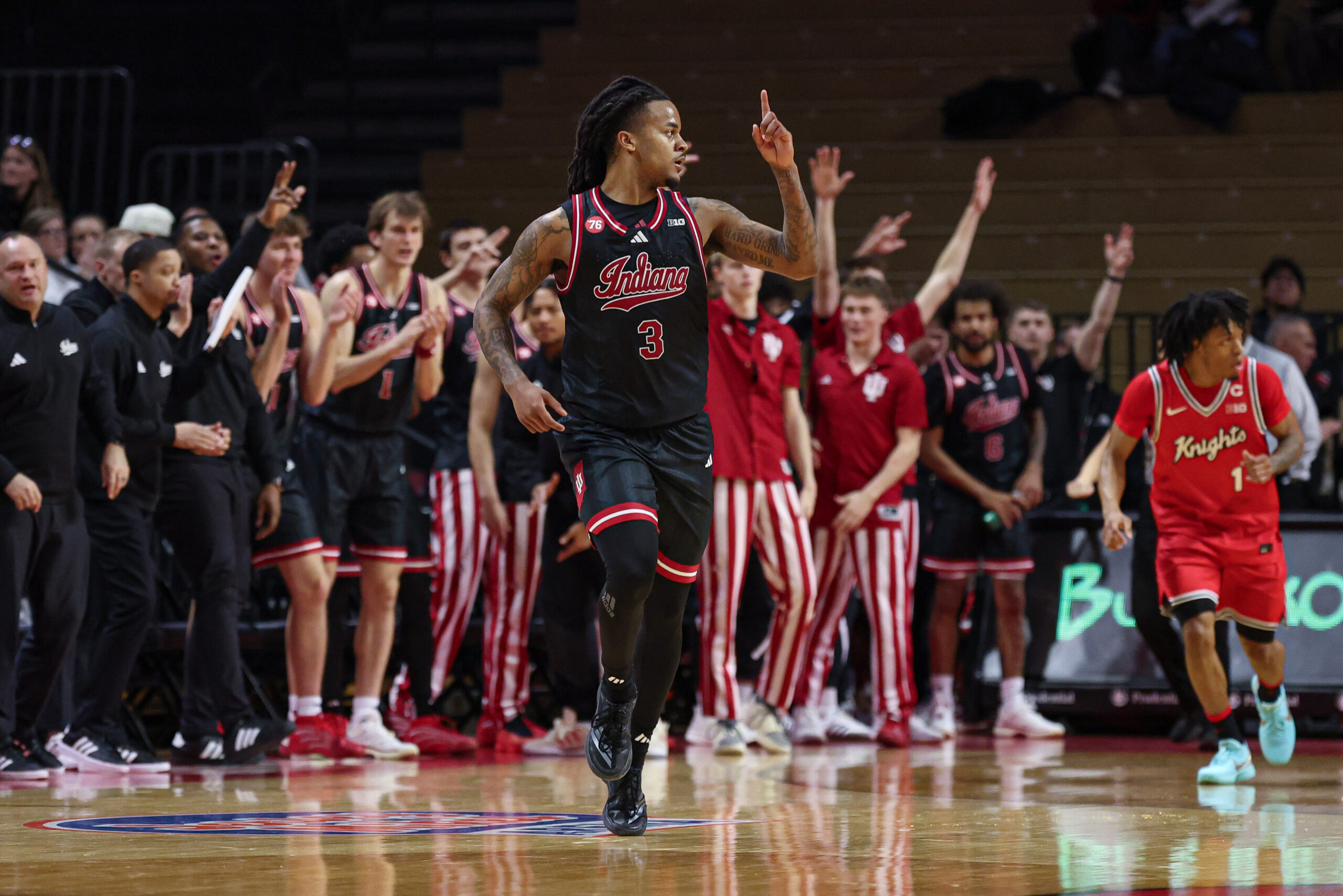 Jan 23, 2026; Piscataway, New Jersey, USA; Indiana Hoosiers guard Lamar Wilkerson (3) reacts after a theree point basket during the second half against the Rutgers Scarlet Knights at Jersey Mike's Arena. Mandatory Credit: Vincent Carchietta-Imagn Images