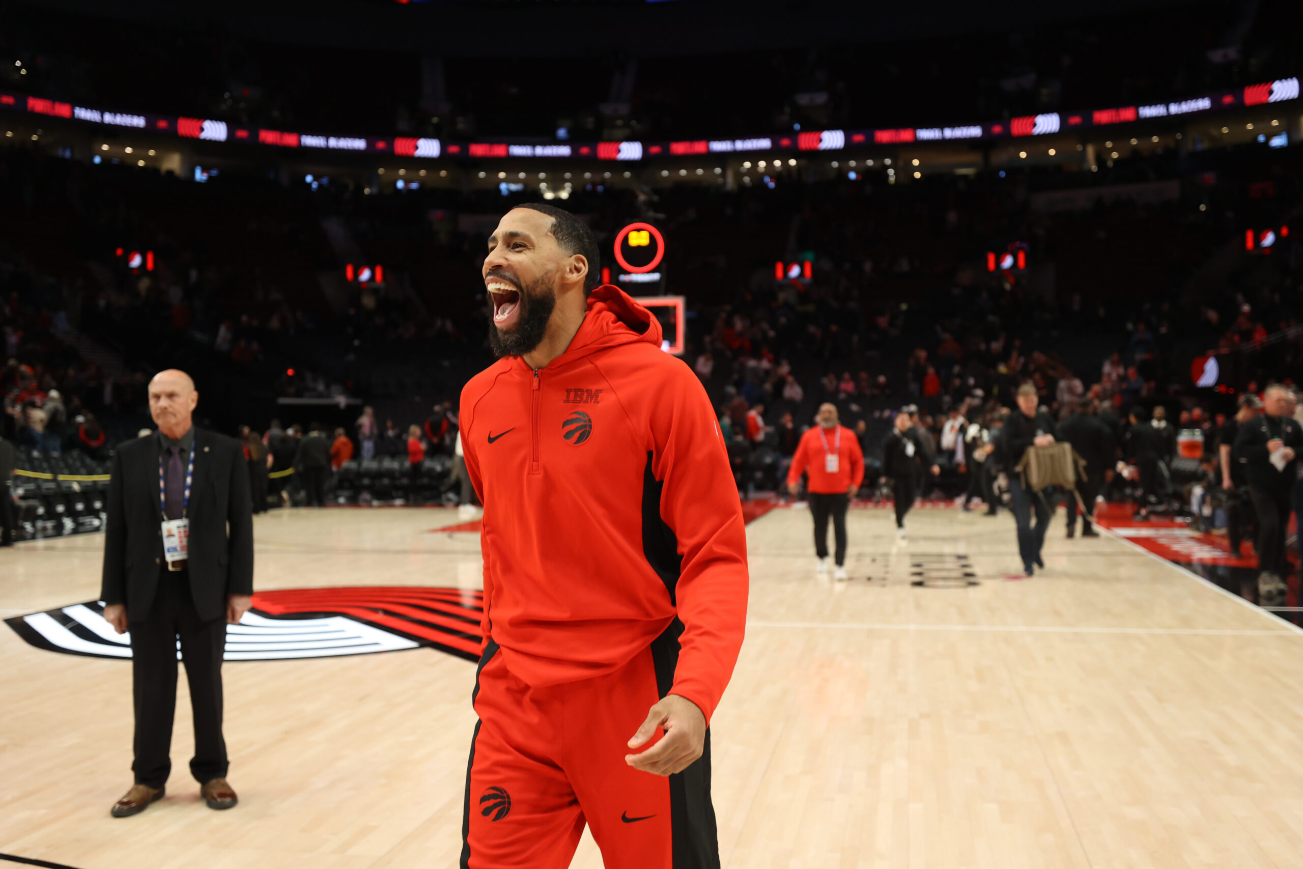 Jan 23, 2026; Portland, Oregon, USA;  Toronto Raptors guard/forward Garrett Temple (17) celebrates after the Raptors defeated the Portland Trail Blazers 110-98 at Moda Center. Mandatory Credit: Jaime Valdez-Imagn Images