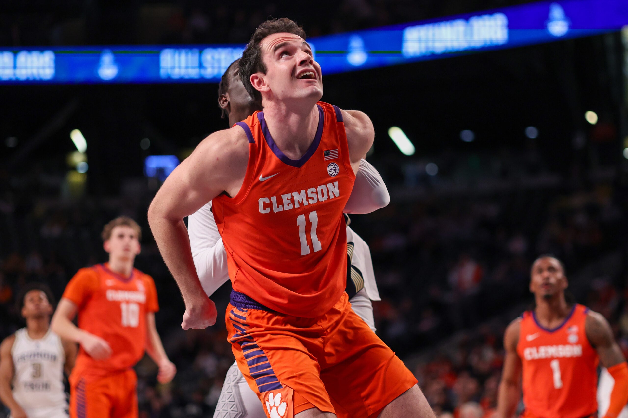 Jan 24, 2026; Atlanta, Georgia, USA; Clemson Tigers forward Nick Davidson (11) boxes out against the Georgia Tech Yellow Jackets in the second half at McCamish Pavilion. Mandatory Credit: Brett Davis-Imagn Images