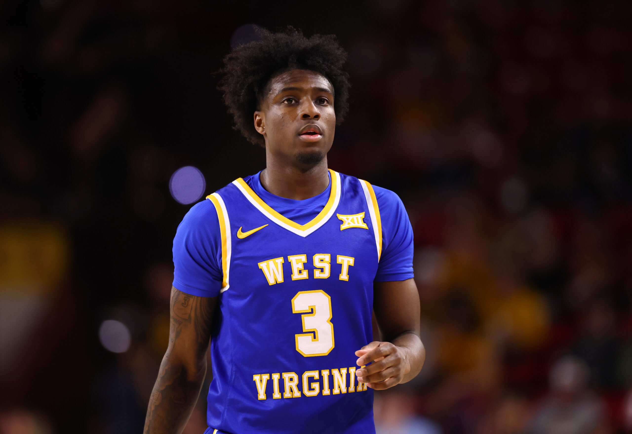 Jan 21, 2026; Tempe, Arizona, USA; West Virginia Mountaineers guard Honor Huff (3) against the Arizona State Sun Devils at Desert Financial Arena. Mandatory Credit: Mark J. Rebilas-Imagn Images