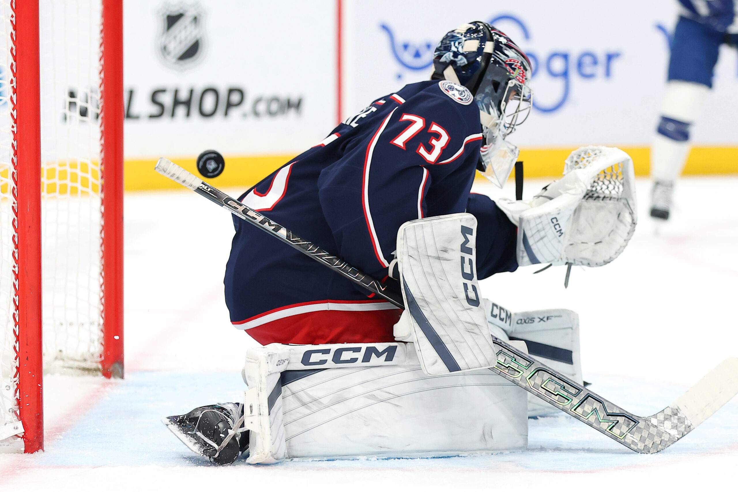 Jan 24, 2026; Columbus, Ohio, USA;  Columbus Blue Jackets goaltender Jet Greaves (73) allows a goal to go past him during the first period against the Tampa Bay Lightning at Nationwide Arena. Mandatory Credit: Joseph Maiorana-Imagn Images