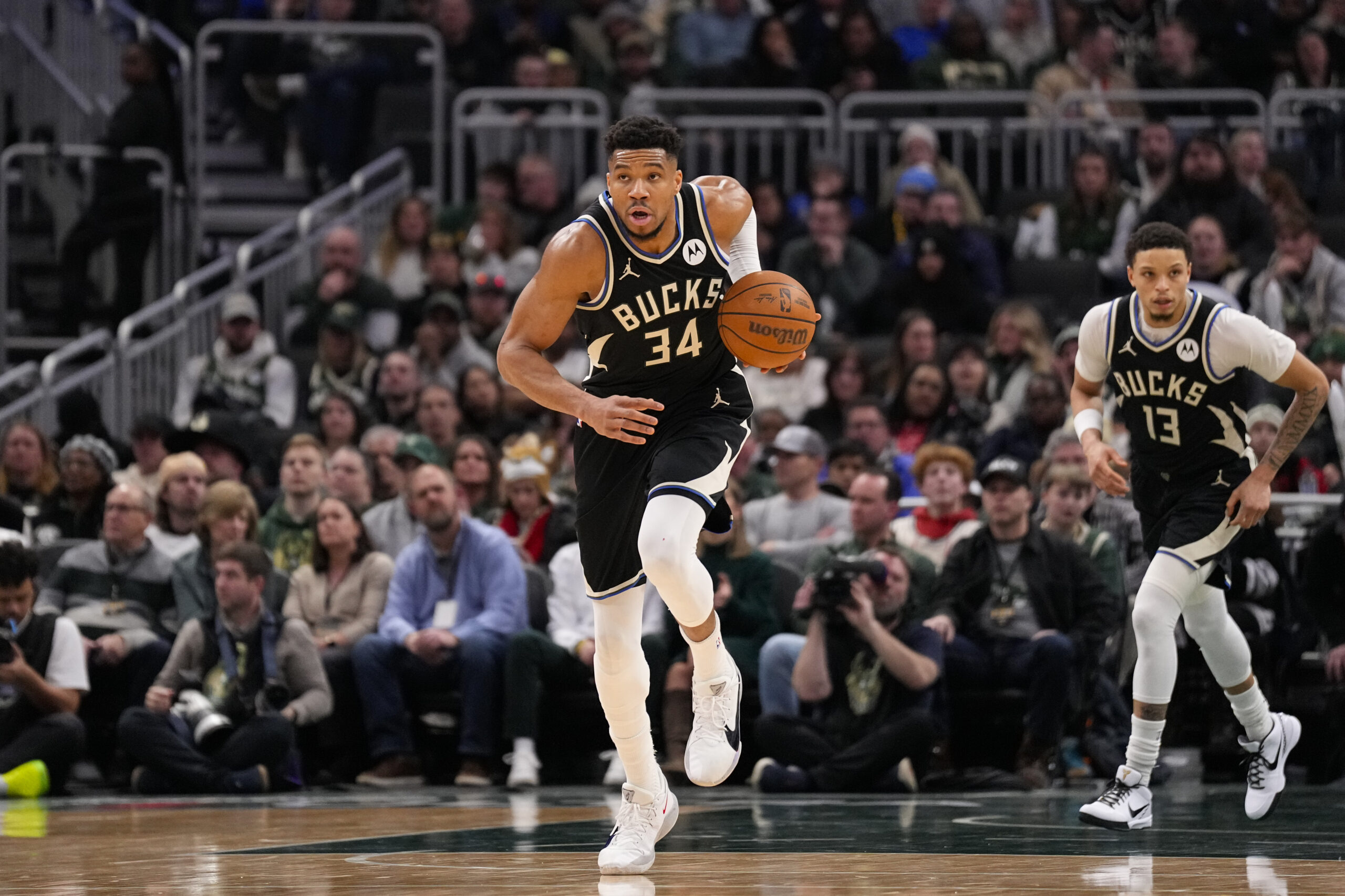 Jan 23, 2026; Milwaukee, Wisconsin, USA;  Milwaukee Bucks forward Giannis Antetokounmpo (34) during the game against the Denver Nuggets at Fiserv Forum. Mandatory Credit: Jeff Hanisch-Imagn Images