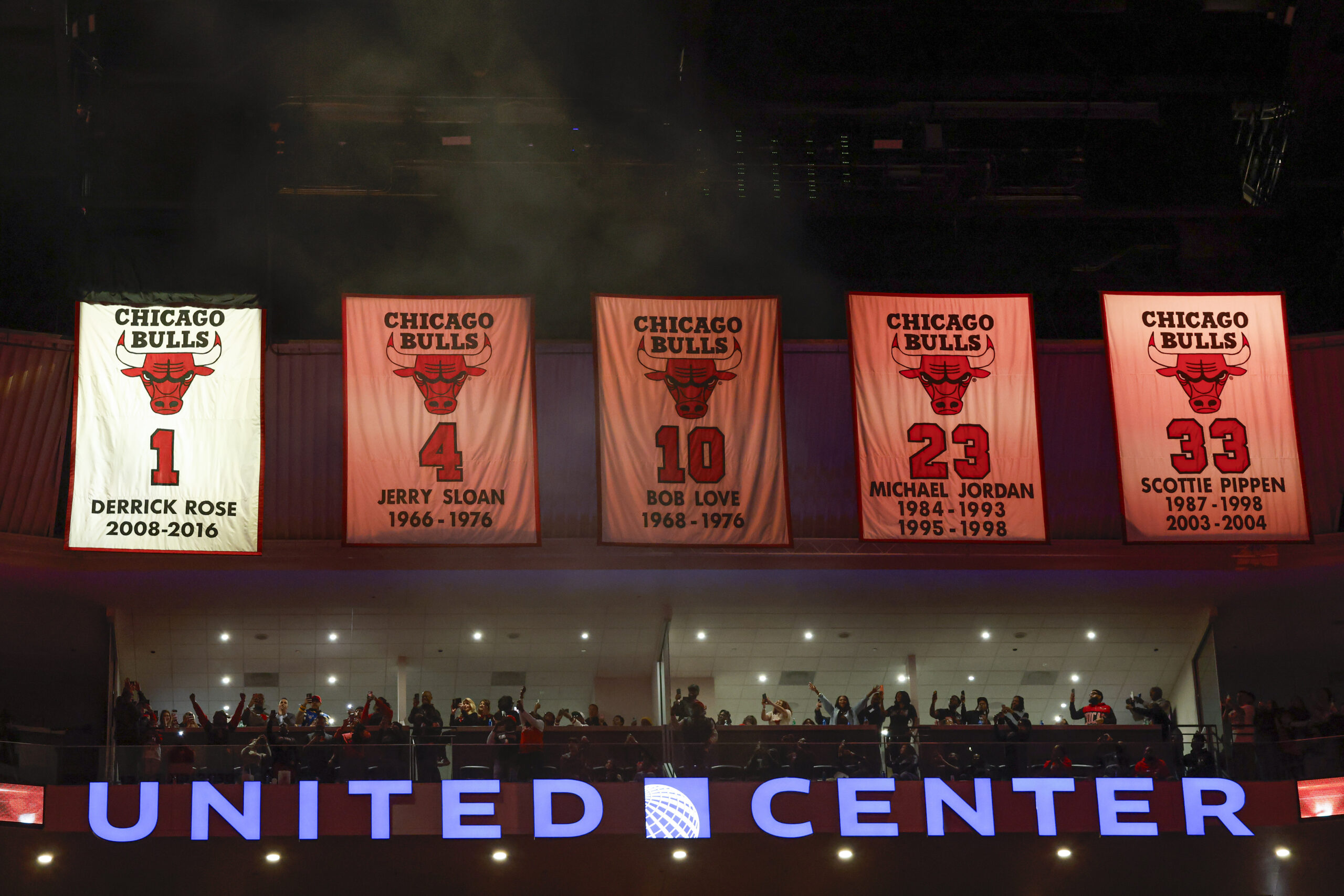 Jan 24, 2026; Chicago, Illinois, USA; The jersey of former Chicago Bulls player Derrick Rose is unveiled during his retirement ceremony at United Center. Mandatory Credit: Kamil Krzaczynski-Imagn Images