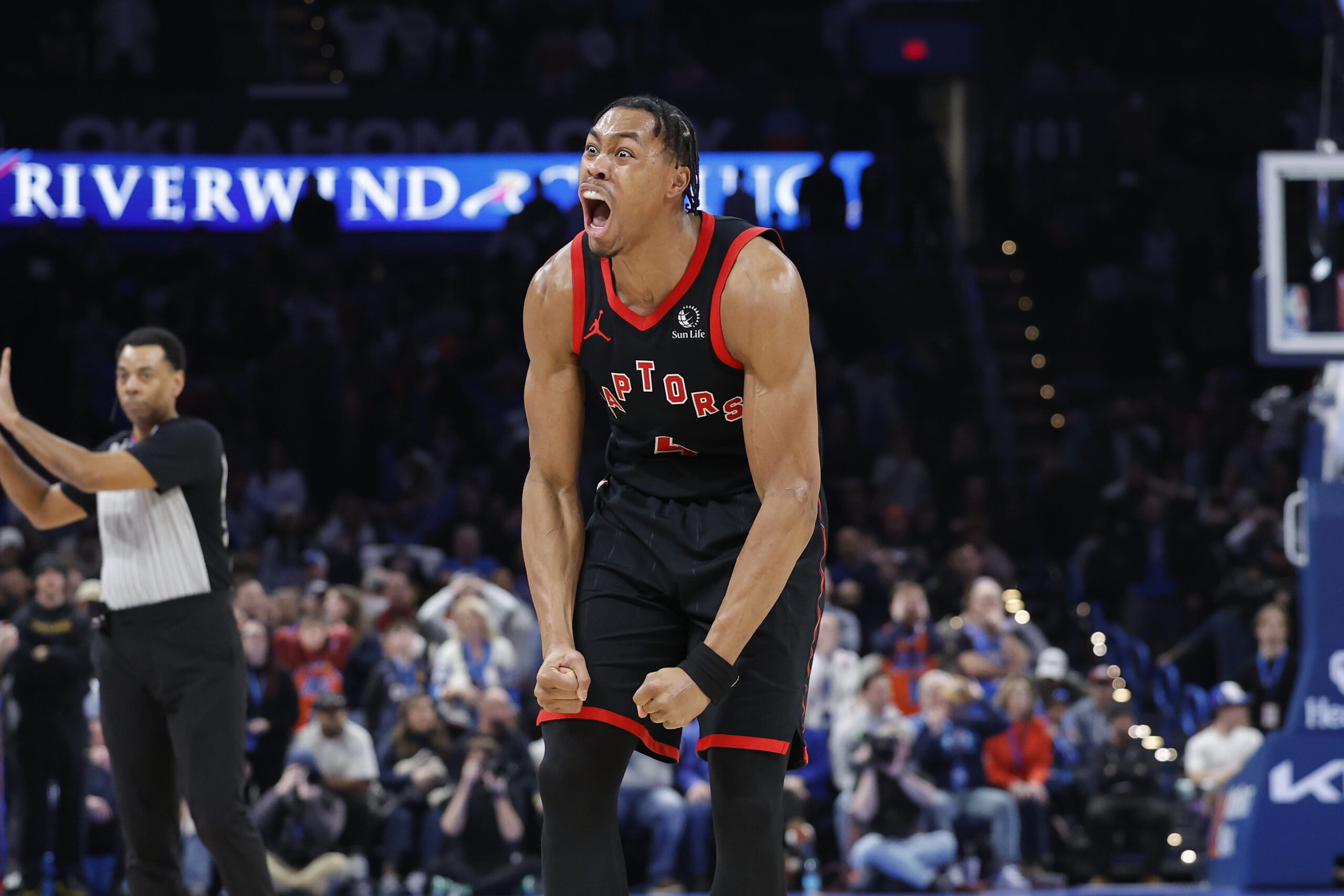 Jan 25, 2026; Oklahoma City, Oklahoma, USA; Toronto Raptors forward/guard Scottie Barnes (4) celebrates after scoring against the Oklahoma City Thunder during the second half at Paycom Center. Mandatory Credit: Alonzo Adams-Imagn Images