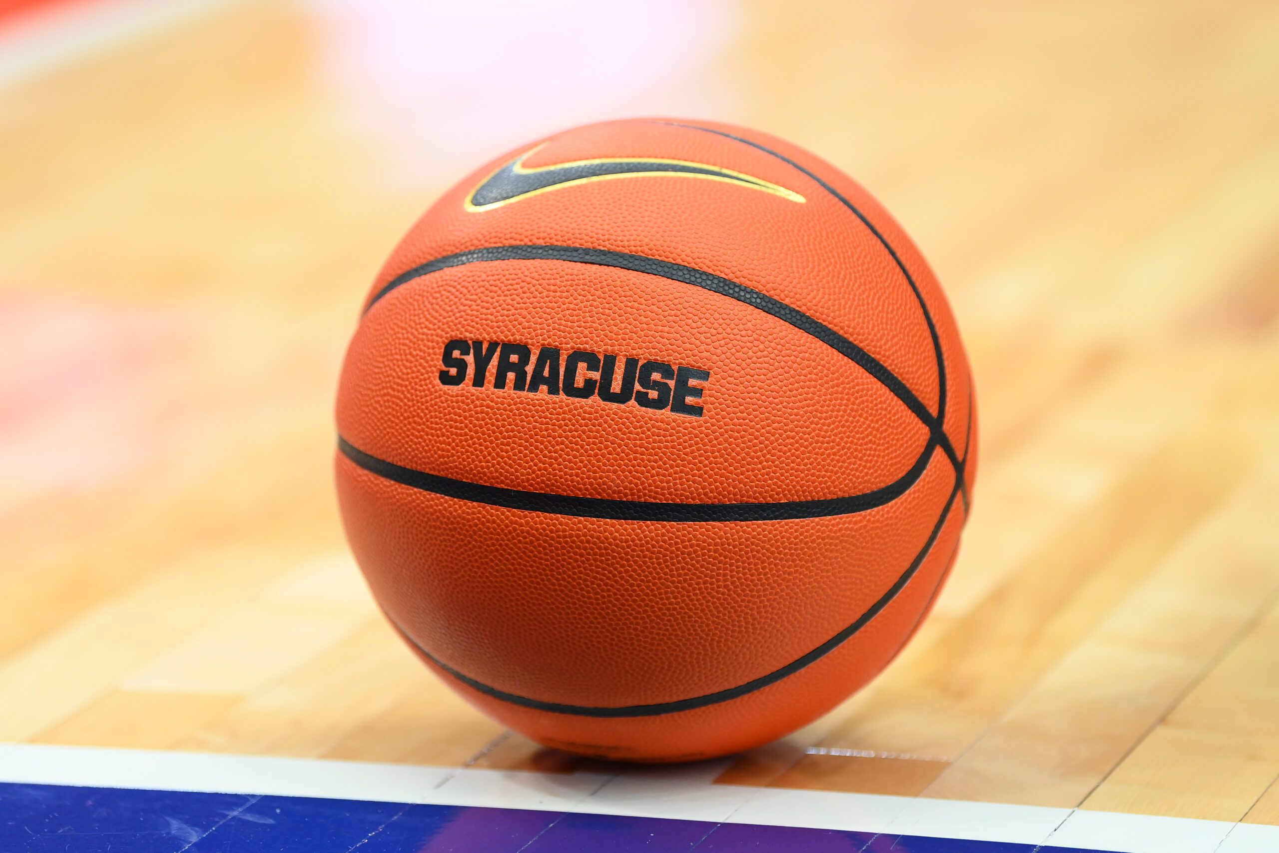 Jan 24, 2026; Syracuse, New York, USA; General view of a Nike Syracuse Orange basketball during the first half of the game against the Miami Hurricanes at the JMA Wireless Dome. Mandatory Credit: Rich Barnes-Imagn Images