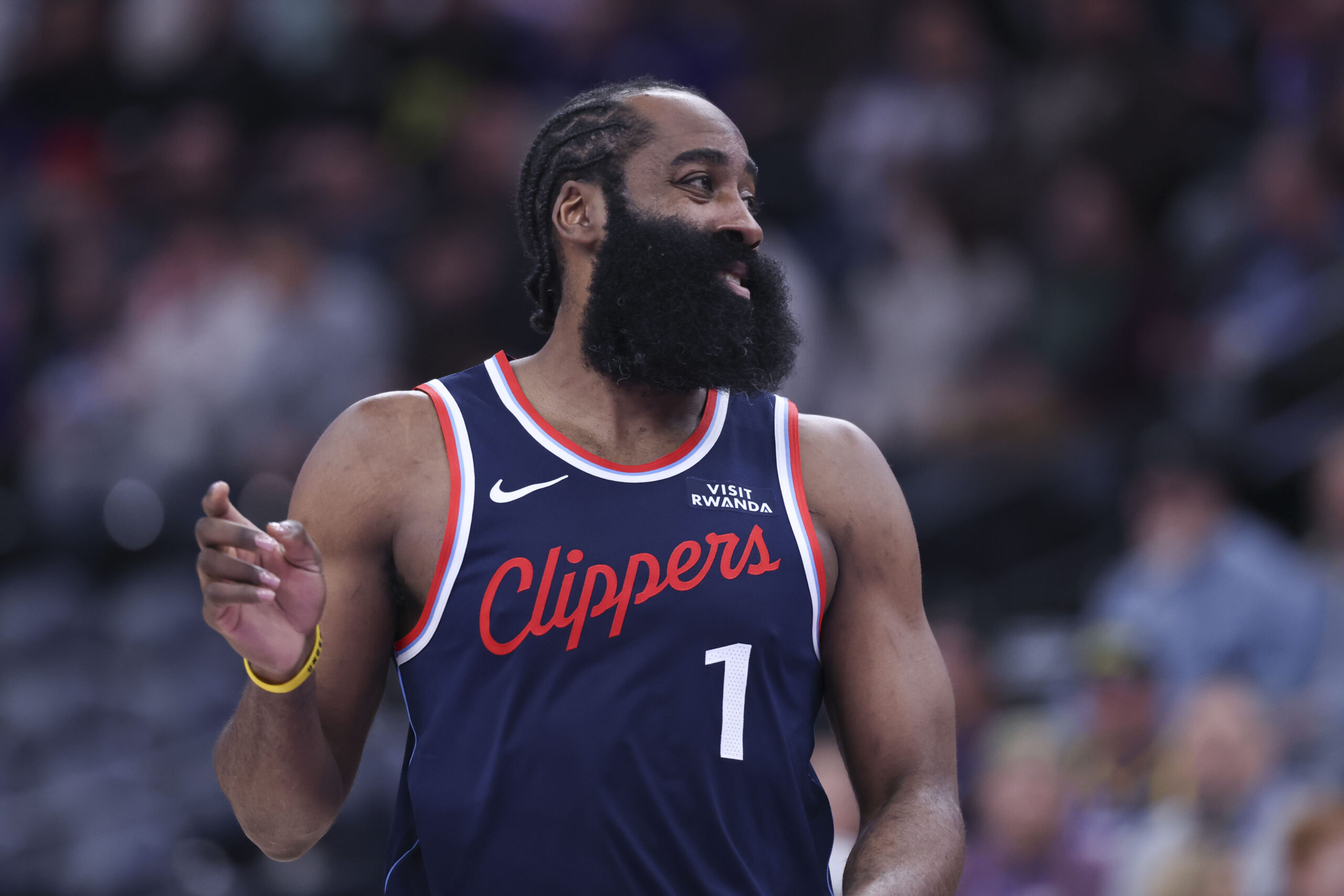 Jan 27, 2026; Salt Lake City, Utah, USA; LA Clippers guard James Harden (1) reacts after a shot against the Utah Jazz during the second half at Delta Center. Mandatory Credit: Rob Gray-Imagn Images