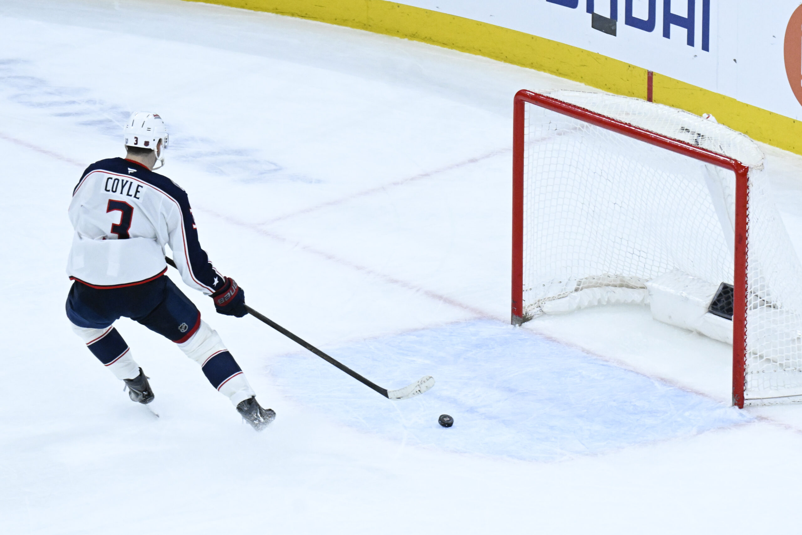 Jan 30, 2026; Chicago, Illinois, USA;  Columbus Blue Jackets center Charlie Coyle (3) scores a goal against the Chicago Blackhawks during the third period at the United Center. Mandatory Credit: Matt Marton-Imagn Images
