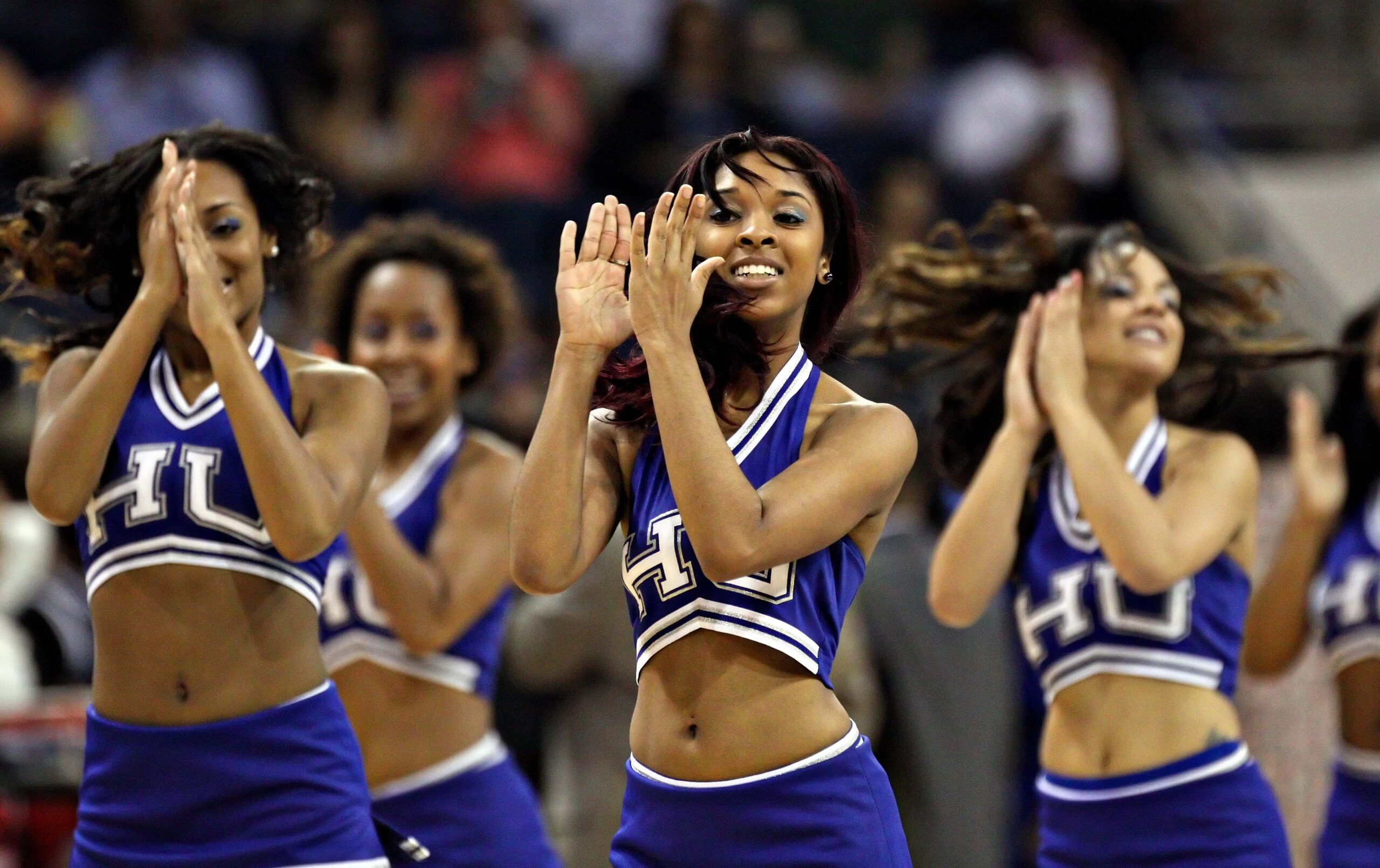 Mar 17, 2012; Norfolk, VA, USA; The Hampton Pirates cheerleaders perform during a time out against the Stanford Cardinal during the first half in the first round of the 2012 NCAA women's basketball tournament at Ted Constant Center.  Mandatory Credit: Peter Casey-Imagn Images