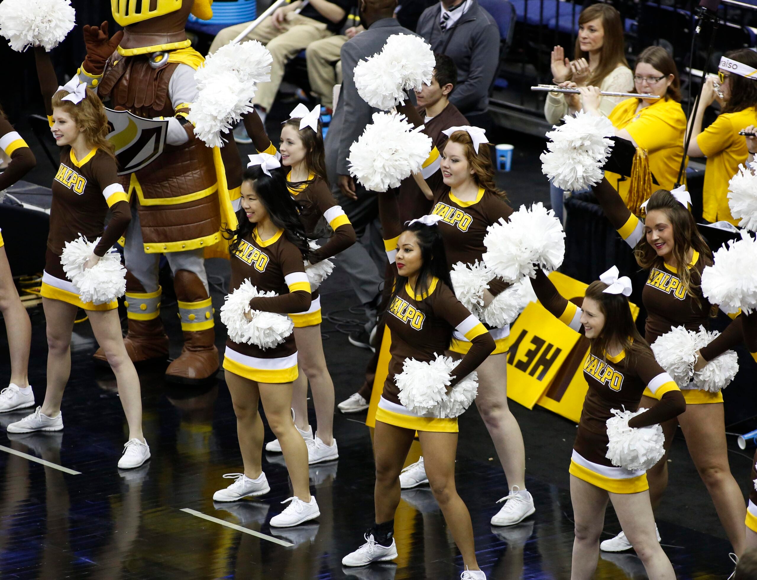 Mar 20, 2015; Columbus, OH, USA; Valparaiso Crusaders cheerleaders during the second half against the Maryland Terrapins in the second round of the 2015 NCAA Tournament at Nationwide Arena. Mandatory Credit: Joe Maiorana-Imagn Images