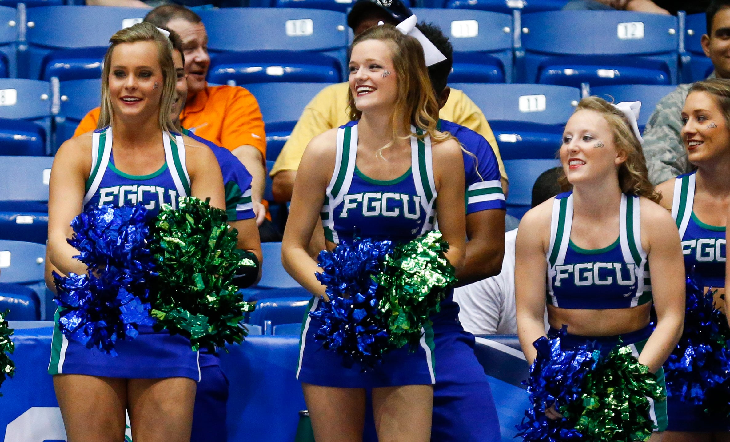Mar 15, 2016; Dayton, OH, USA; Florida Gulf Coast Eagles cheerleaders look on during the first half against the Fairleigh Dickinson Knights of First Four of the NCAA men's college basketball tournament at Dayton Arena. Mandatory Credit: Rick Osentoski-Imagn Images