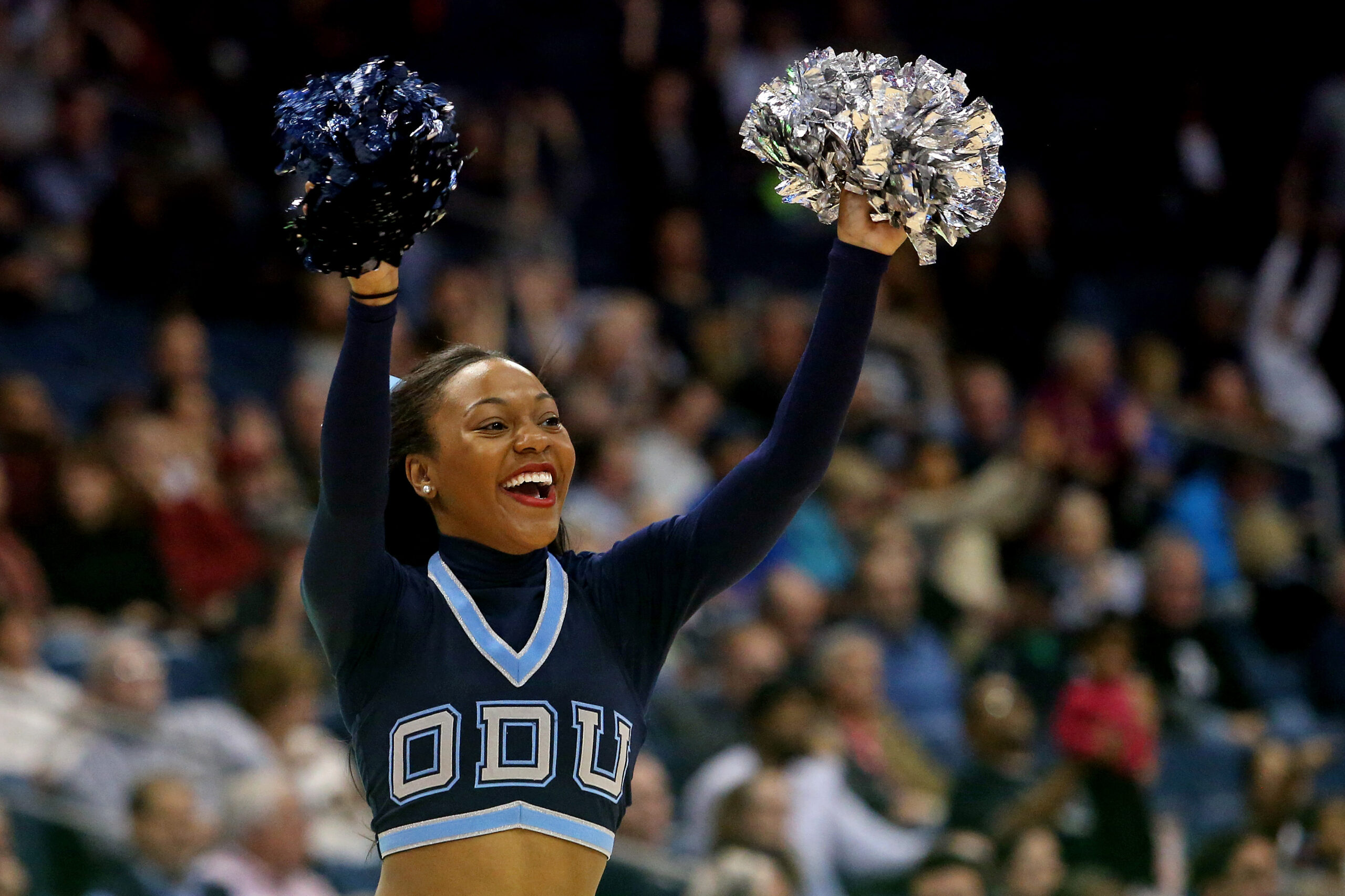 Jan 12, 2017; Norfolk, VA, USA; An Old Dominion Monarchs cheerleader during the second half against the Southern Miss Golden Eagles at the Ted Constant Convocation Center. Mandatory Credit: Peter Casey-Imagn Images