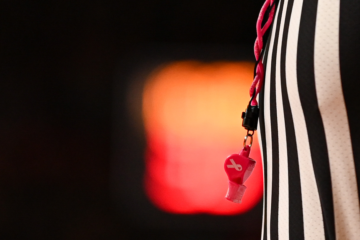 Jan 25, 2023; College Park, Maryland, USA; A detailed view of the a whistle the referees used during the Coaches vs Cancer game between the Maryland Terrapins and the Wisconsin Badgers at Xfinity Center. Mandatory Credit: Tommy Gilligan-Imagn Images