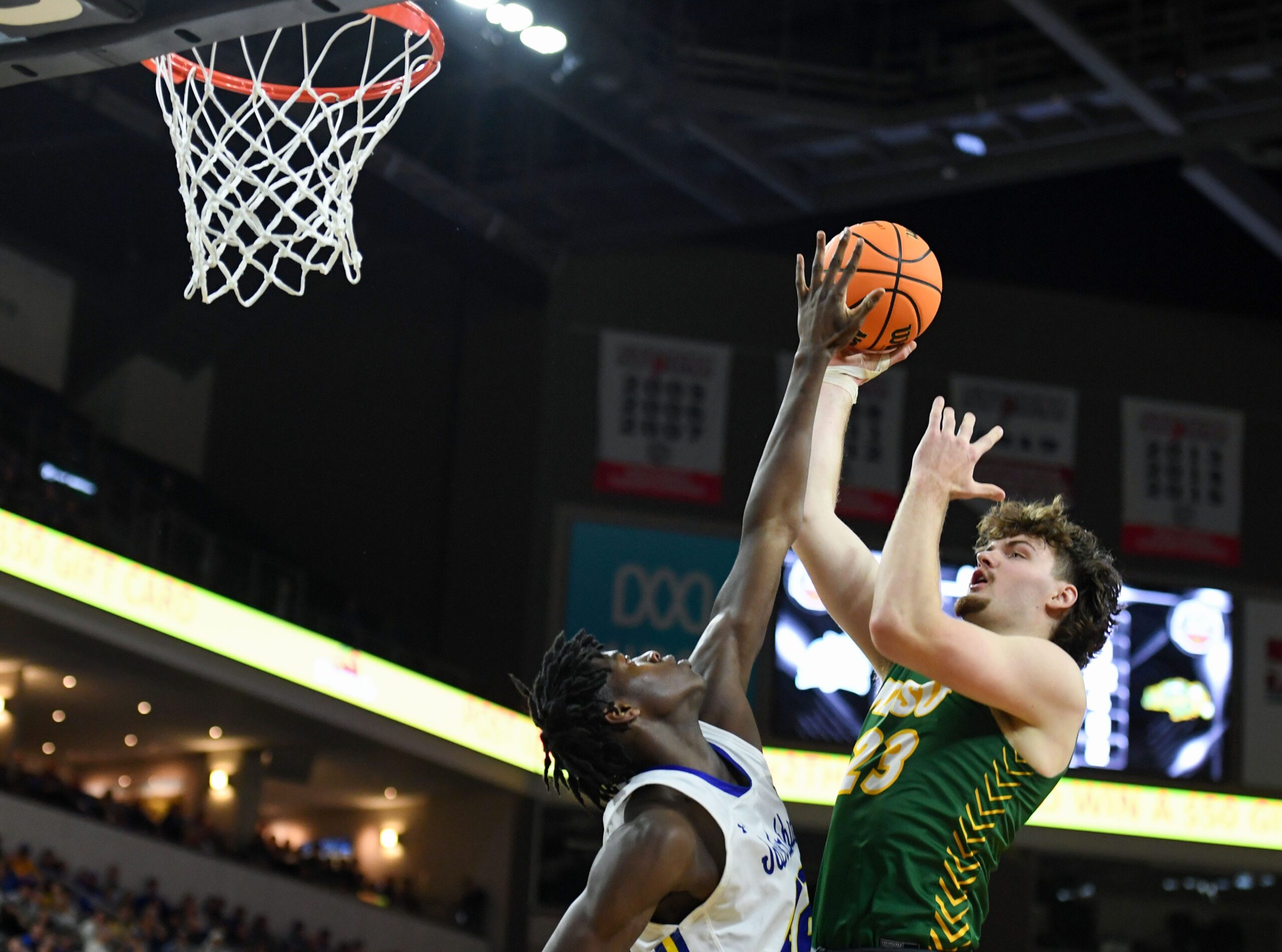 North Dakota State   s Andrew Morgan shoots a basket in the Summit League men   s semifinal against South Dakota State on Monday, March 6, 2023, at the Denny Sanford Premier Center in Sioux Falls.

Summit Men Semis 015