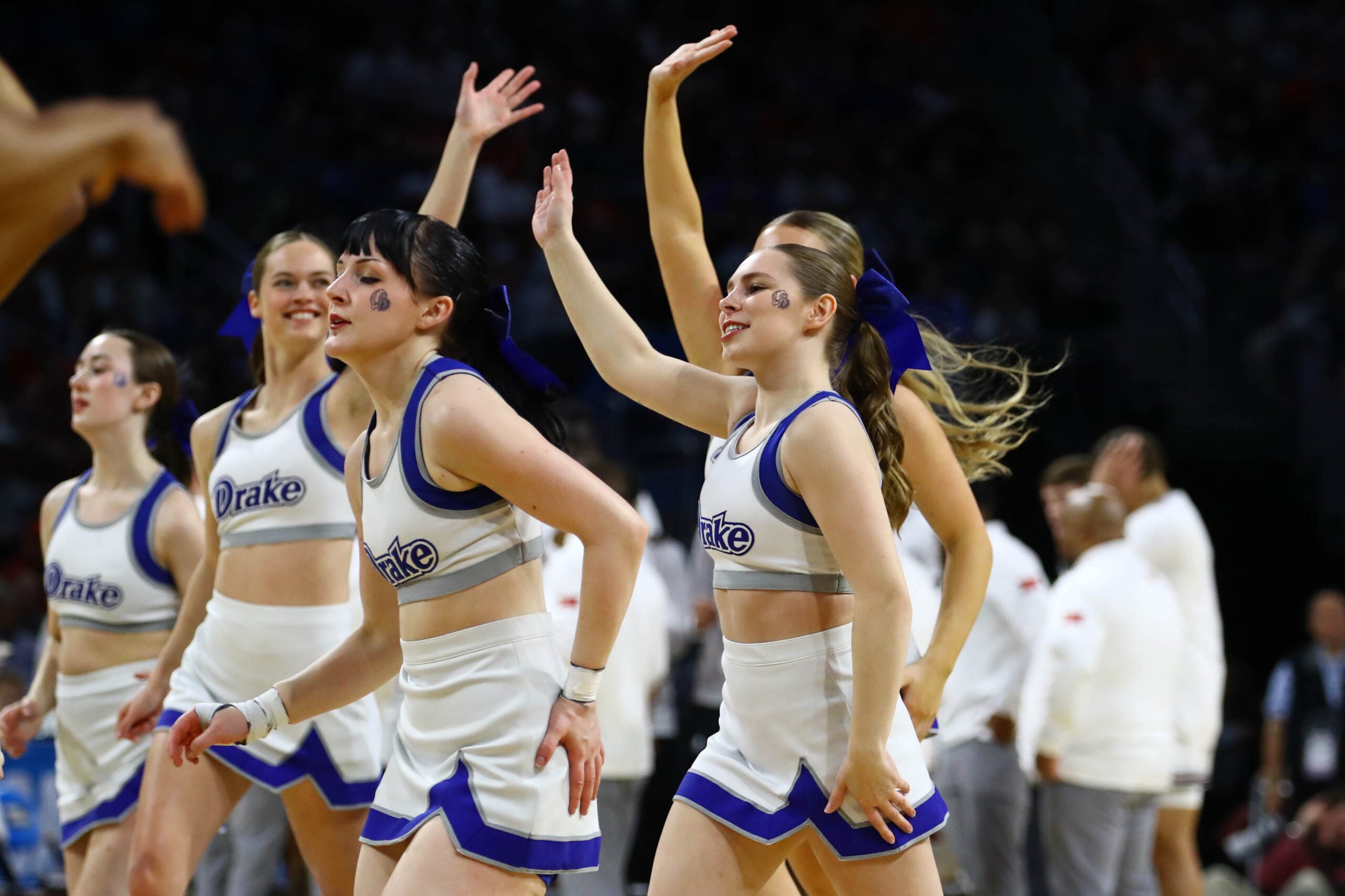 Mar 22, 2025; Wichita, KS, USA; Drake Bulldogs cheerleaders perform during the first half at Intrust Bank Arena. Mandatory Credit: Nick Tre. Smith-Imagn Images