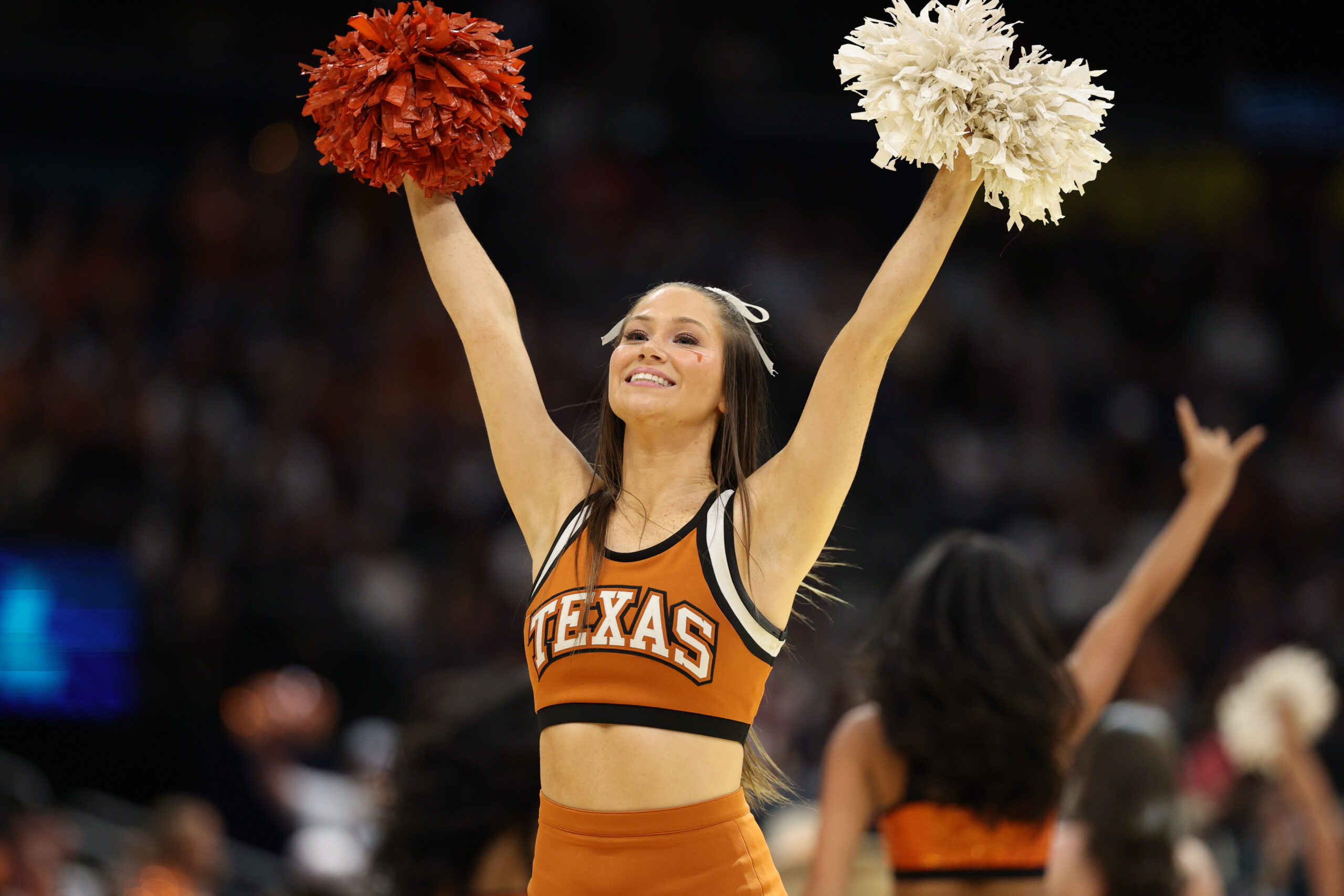 Apr 4, 2025; Tampa, FL, USA; The Texas Longhorns cheerleaders perform during the third quarter in a semifinal of the women's 2025 NCAA tournament against the South Carolina Gamecocks at Amalie Arena. Mandatory Credit: Nathan Ray Seebeck-Imagn Images