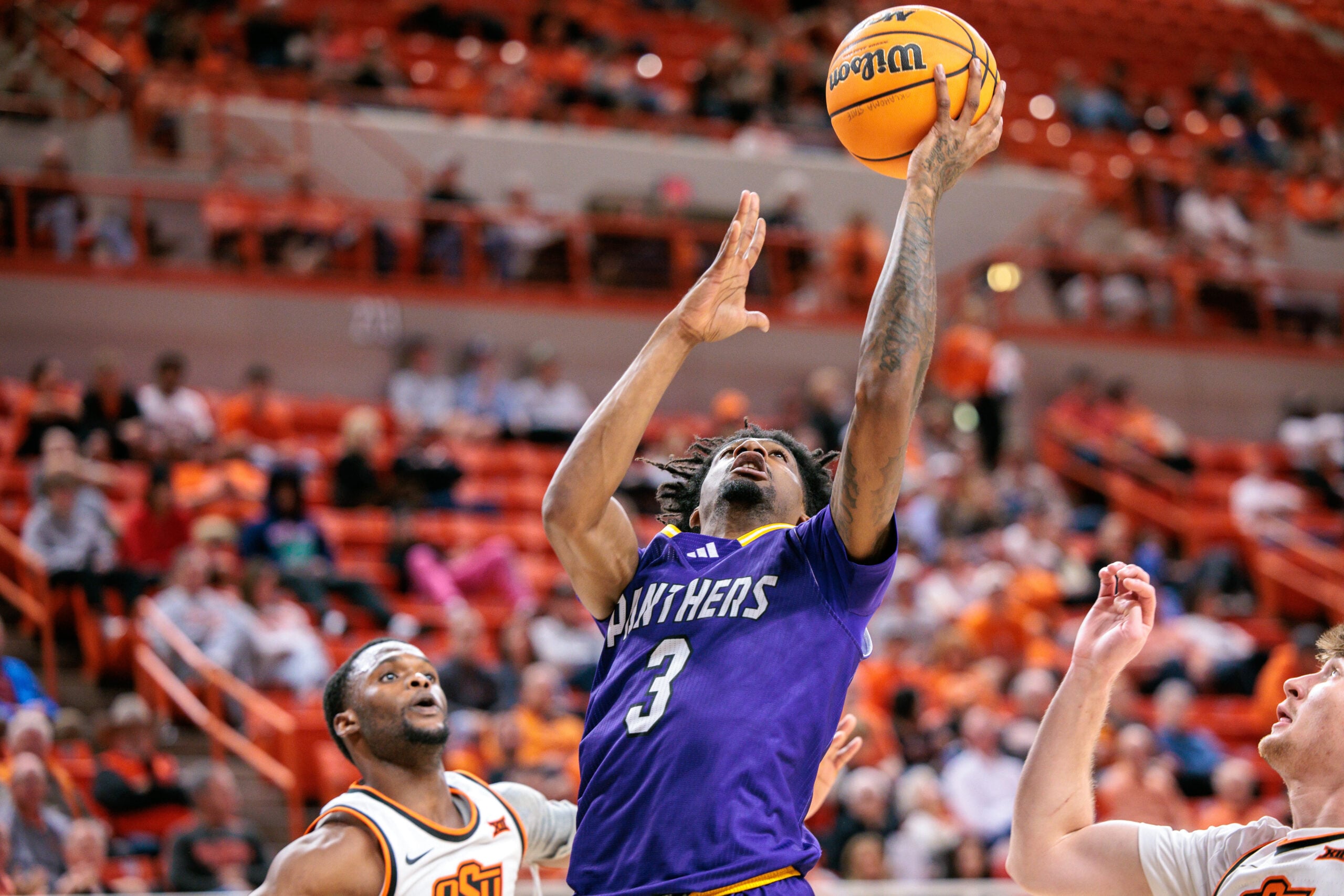 Nov 12, 2025; Stillwater, Oklahoma, USA; Prairie View A&M Panthers guard Tai'Reon Joseph (3) shoots the ball during the second half against the Oklahoma State Cowboys at Gallagher-Iba Arena. Mandatory Credit: William Purnell-Imagn Images