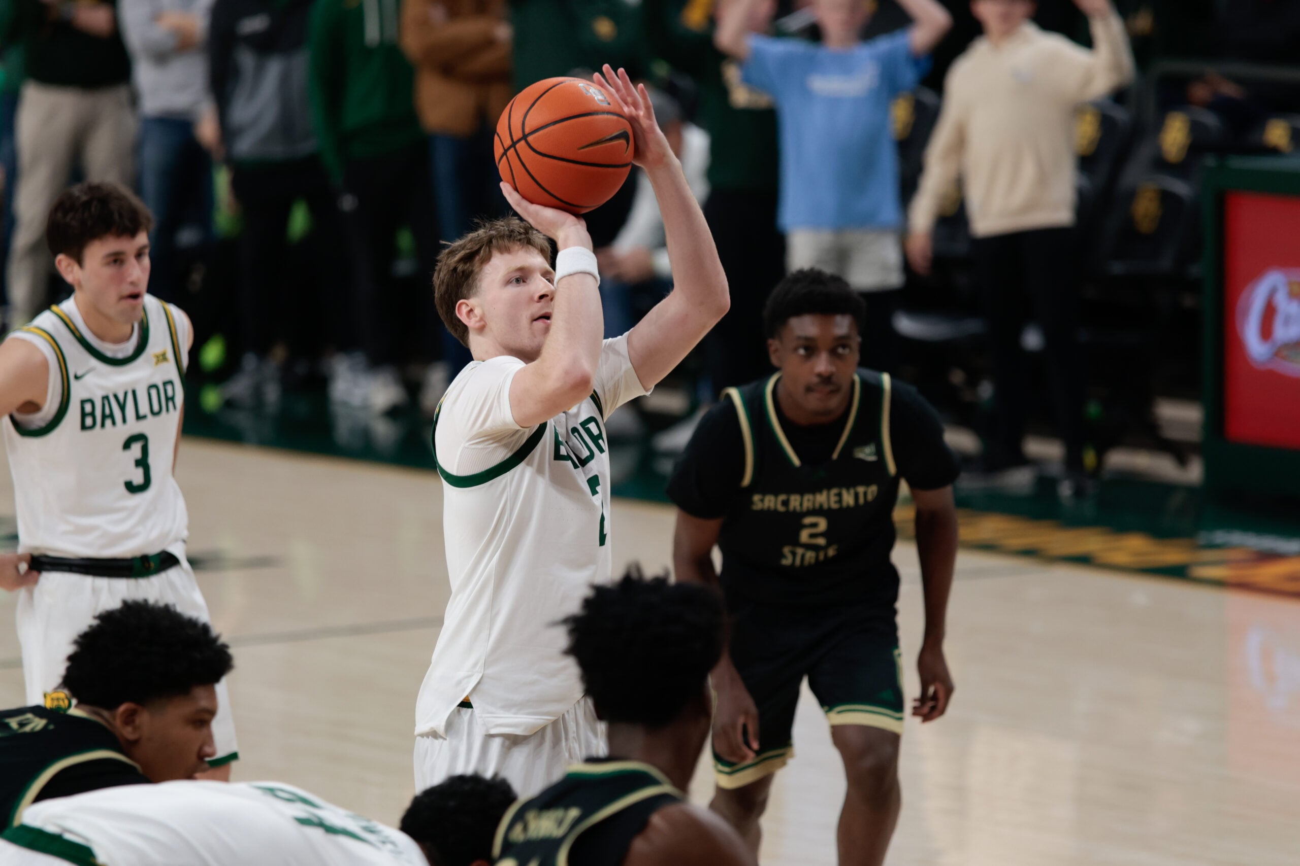 Dec 2, 2025; Waco, Texas, USA; Baylor Bears guard Will Kuykendall (2) scores a free-throw against the Sacramento State Hornets  during the second half at Paul and Alejandra Foster Pavilion. Mandatory Credit: Chris Jones-Imagn Images