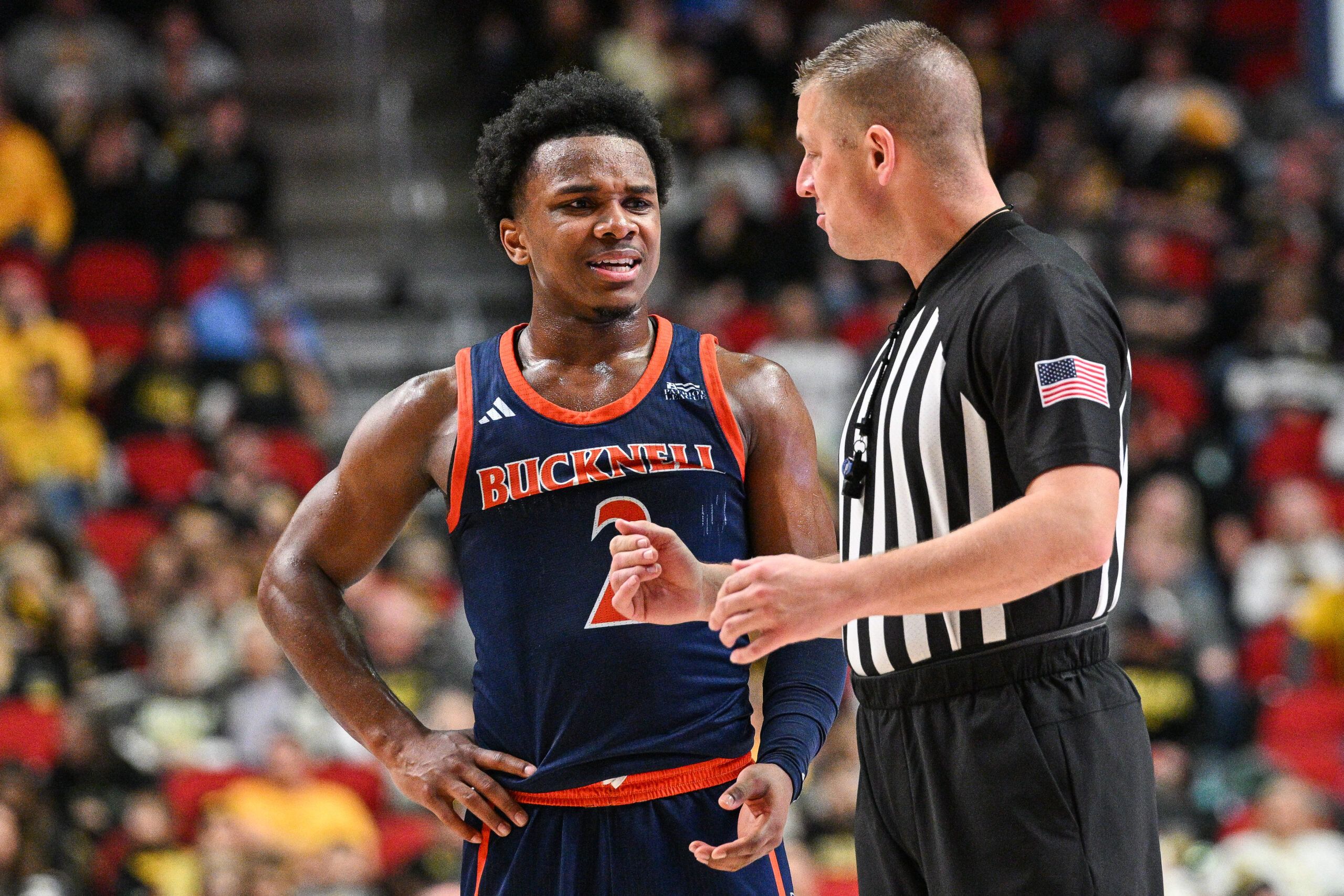 Dec 20, 2025; Iowa City, Iowa, USA; Bucknell Bison guard Jayden Williams (2) talks with an official during the second half against the Iowa Hawkeyes at Casey’s Center. Mandatory Credit: Jeffrey Becker-Imagn Images