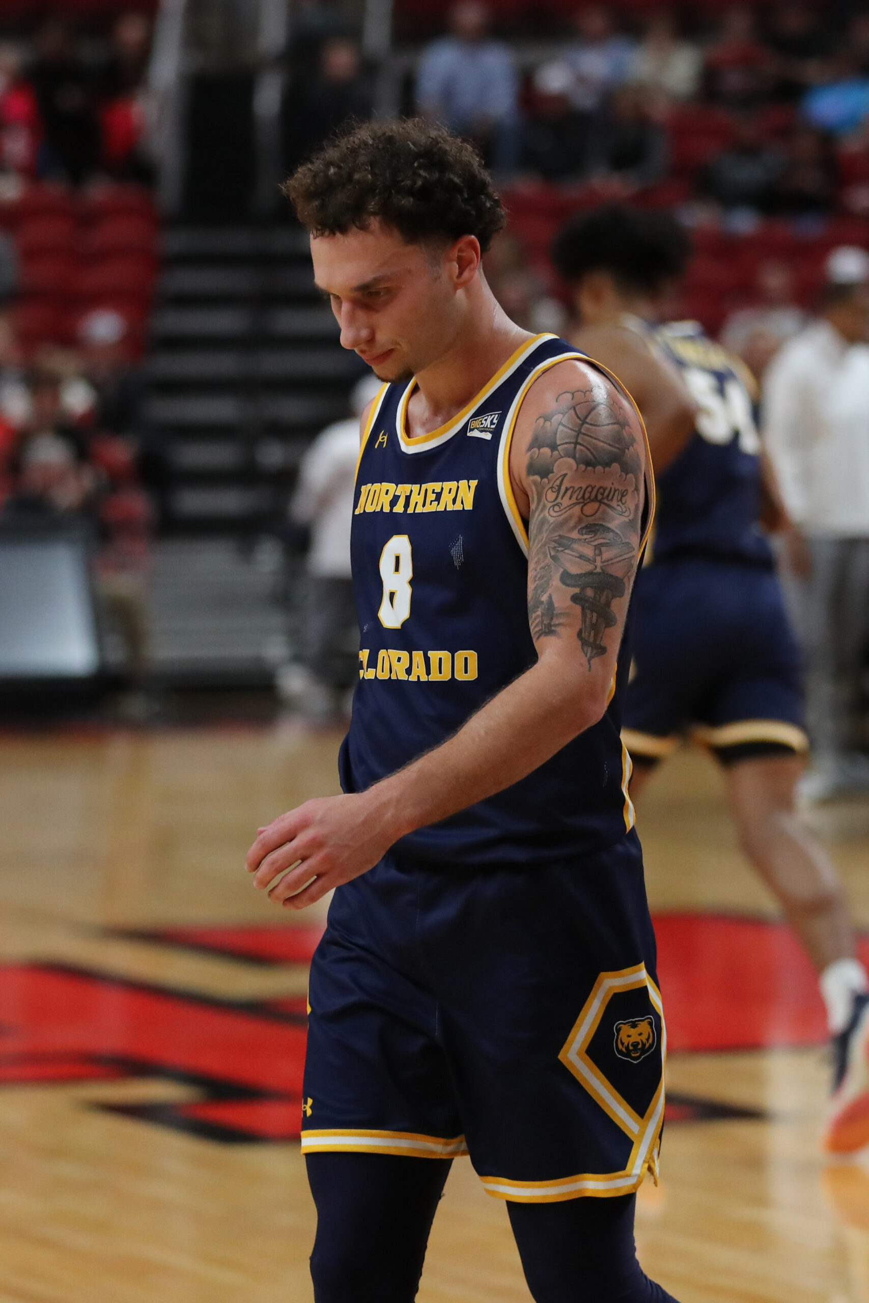 Dec 16, 2025; Lubbock, Texas, USA;  Northern Colorado Bears guard Zach Bloch (8) reacts after the game against the Texas Tech Red Raiders at United Supermarkets Arena. Mandatory Credit: Michael C. Johnson-Imagn Images