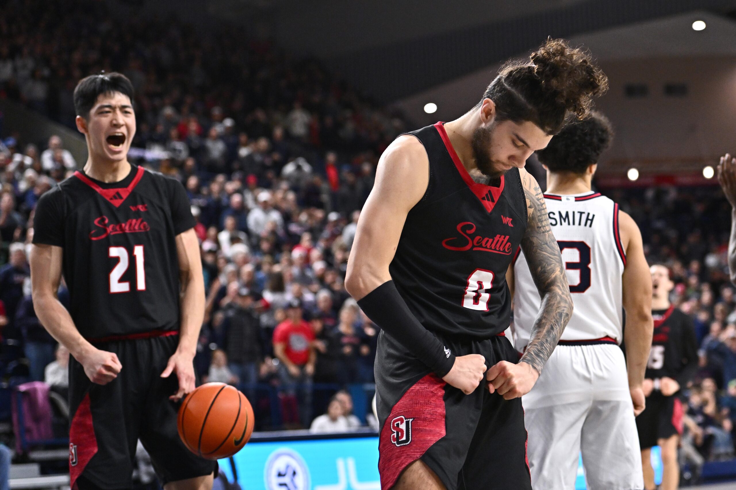 Jan 2, 2026; Spokane, Washington, USA; Seattle U Redhawks guard Brayden Maldonado (0) flexes after a play against the Gonzaga Bulldogs in overtime at McCarthey Athletic Center. Gonzaga Bulldogs won 80-72 in overtime. Mandatory Credit: James Snook-Imagn Images