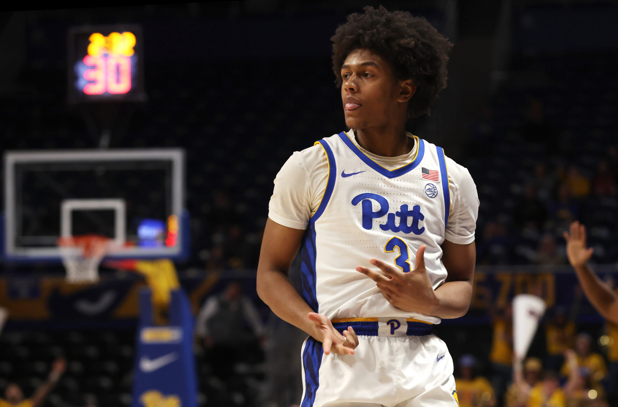 Jan 27, 2026; Pittsburgh, Pennsylvania, USA; Pittsburgh Panthers guard Brandin Cummings (3) reacts after making a three point basket in overtime against the Wake Forest Demon Deacons at the Petersen Events Center. Mandatory Credit: Charles LeClaire-Imagn Images