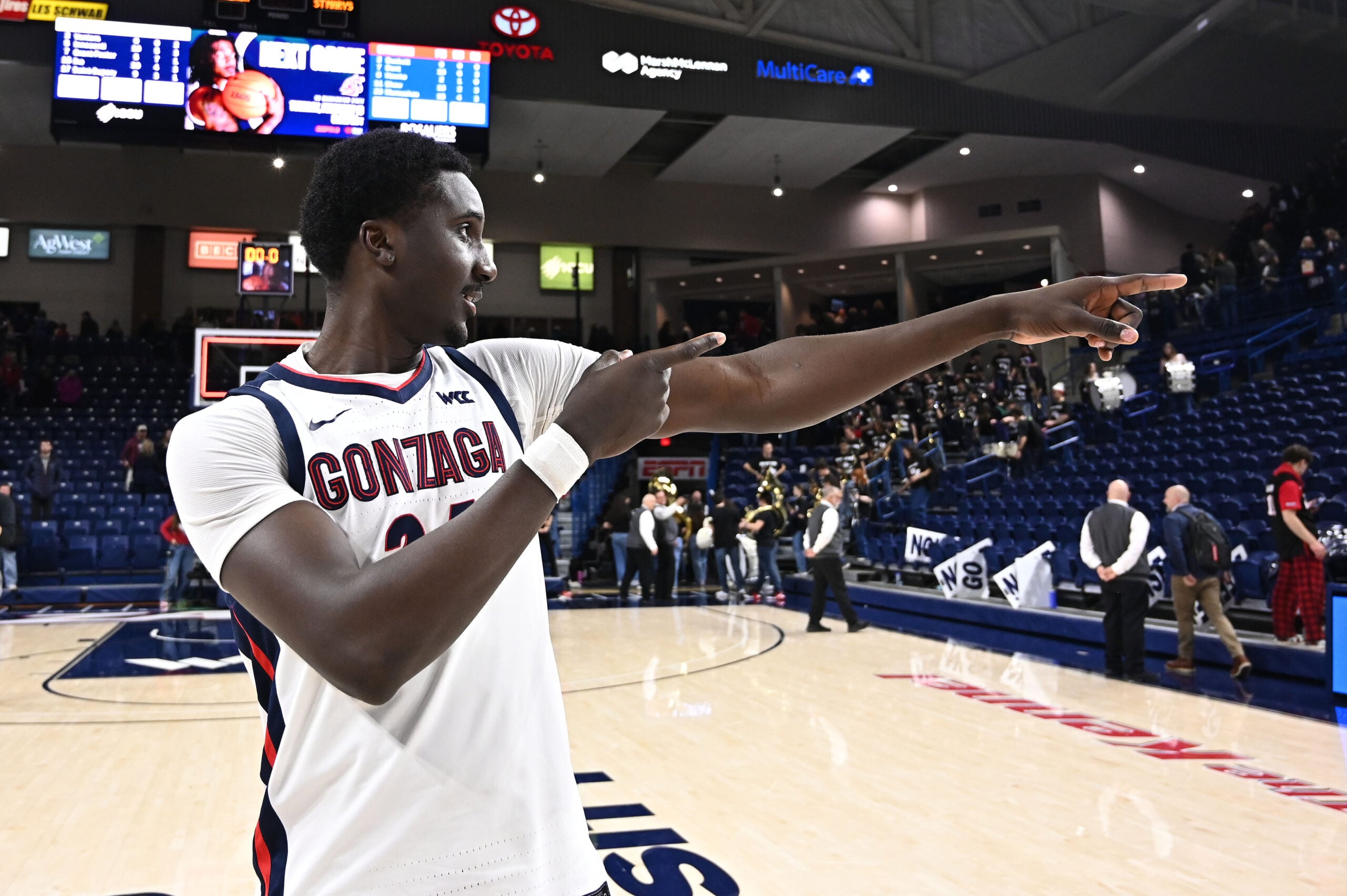 Jan 31, 2026; Spokane, Washington, USA; Gonzaga Bulldogs center Ismaila Diagne (24) celebrates after a game against the Saint Mary's Gaels at McCarthey Athletic Center. Gonzaga Bulldogs won 73-65. Mandatory Credit: James Snook-Imagn Images