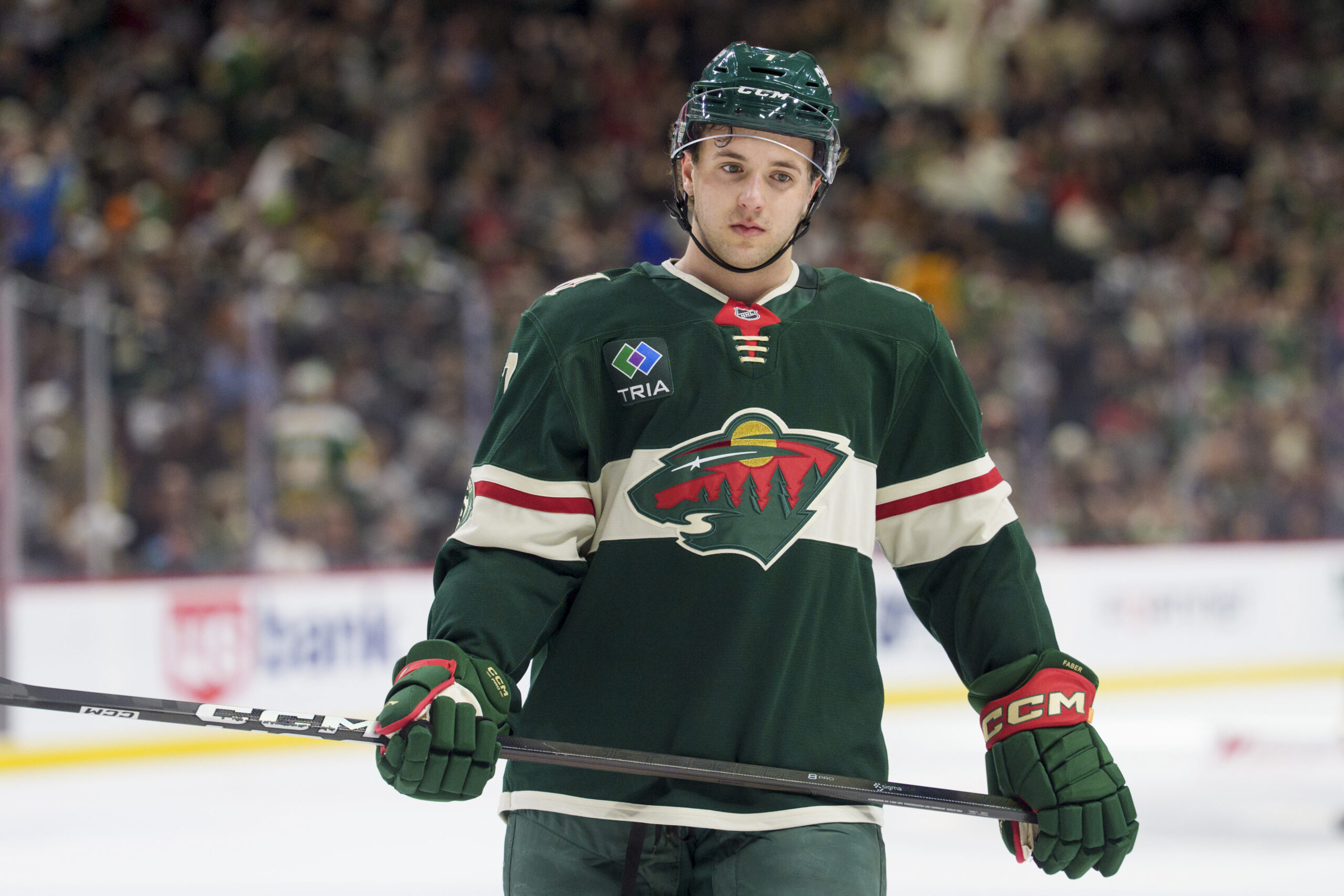Feb 2, 2026; Saint Paul, Minnesota, USA; Minnesota Wild defenseman Brock Faber (7) during a stoppage in play against the Montreal Canadiens in the first period at Grand Casino Arena. Mandatory Credit: Matt Blewett-Imagn Images
