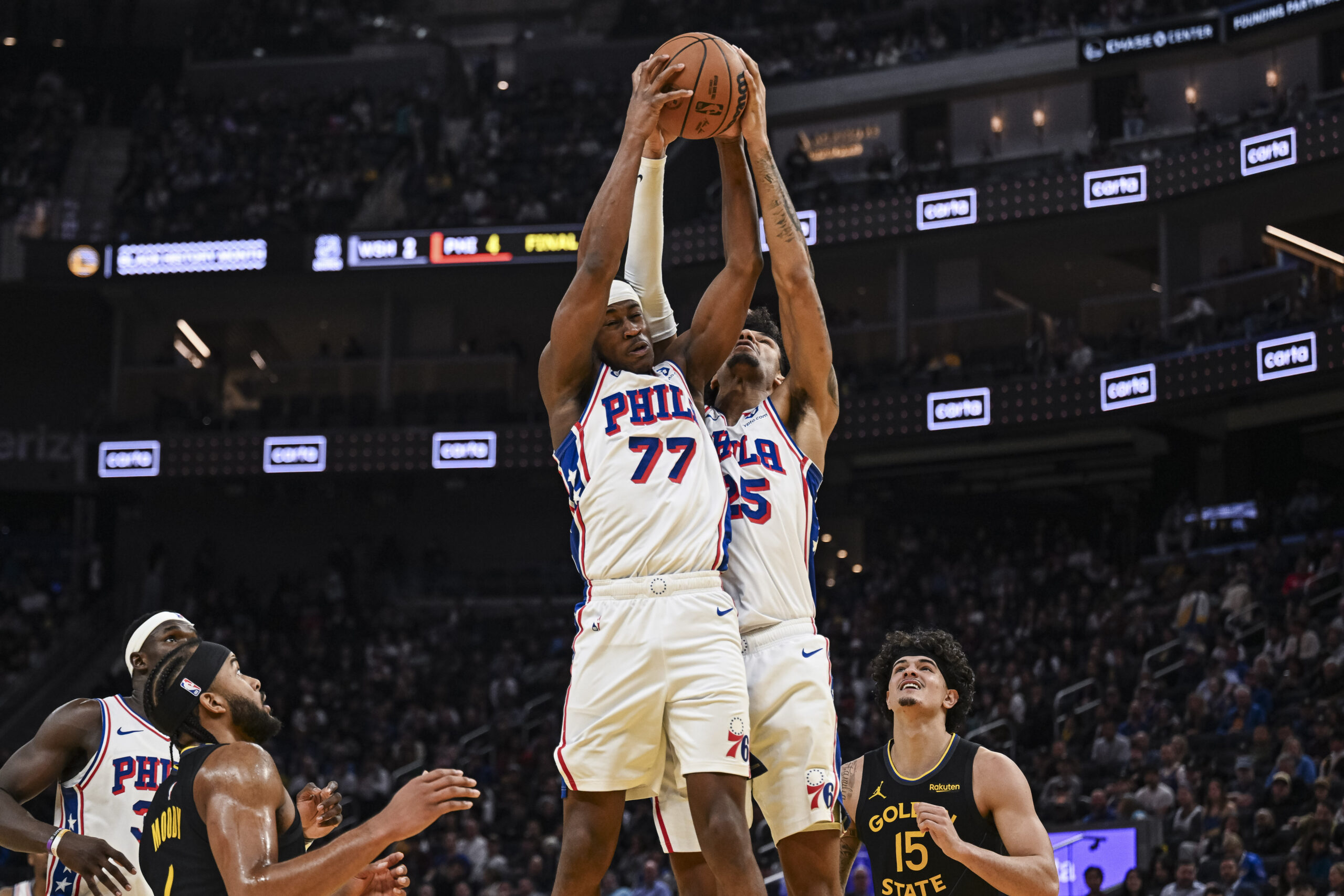 Feb 3, 2026; San Francisco, California, USA; Philadelphia 76ers guard Vj Edgecombe (77) and forward Dominick Barlow (25) during the fourth period at Chase Center. Mandatory Credit: Justine Willard-Imagn Images