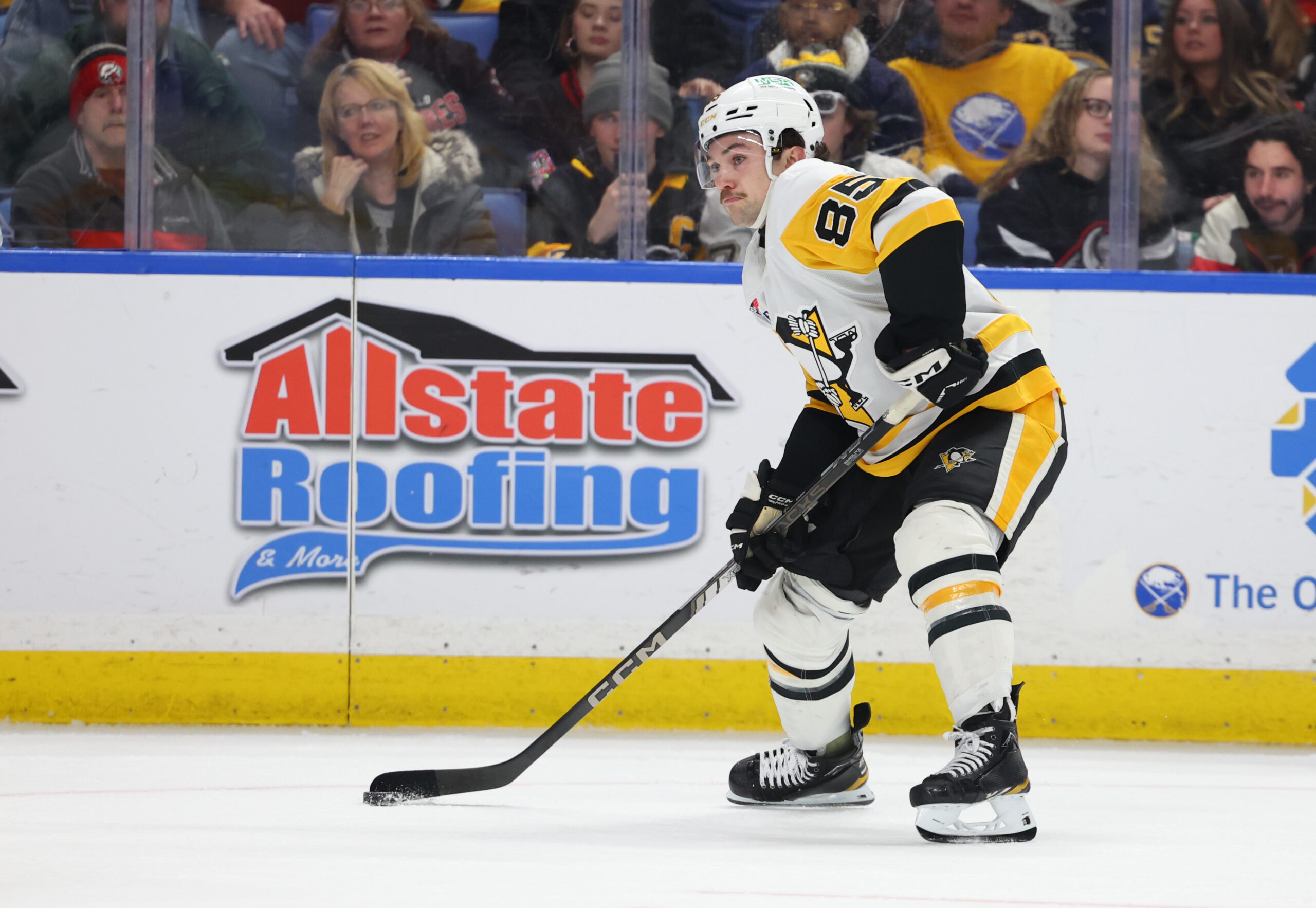 Feb 5, 2026; Buffalo, New York, USA;  Pittsburgh Penguins right wing Avery Hayes (85)  looks to make a pass during the third period against the Buffalo Sabres at KeyBank Center. Mandatory Credit: Timothy T. Ludwig-Imagn Images