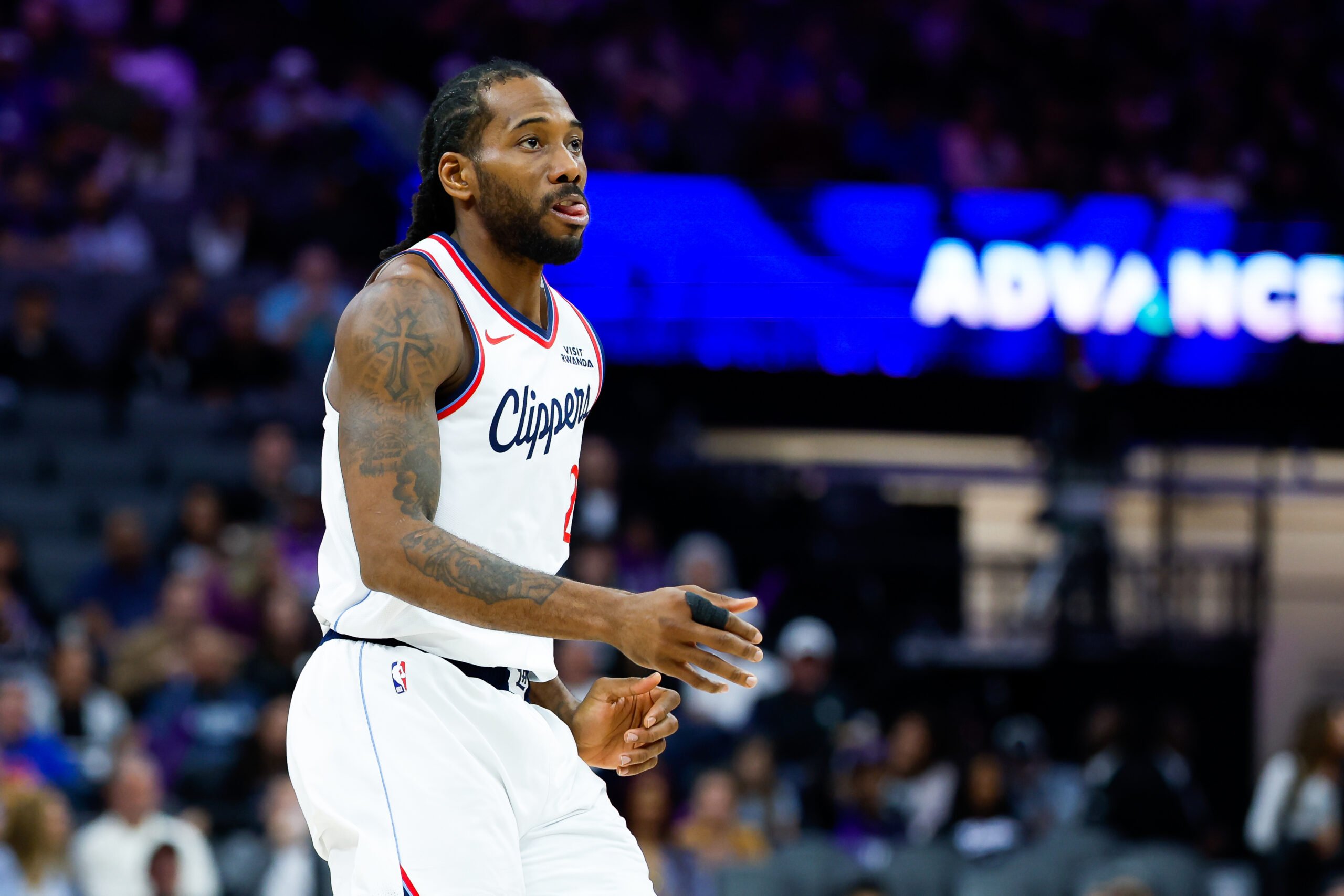 Feb 6, 2026; Sacramento, California, USA; Los Angeles Clippers forward Kawhi Leonard (2) reacts after scoring during the third quarter against the Sacramento Kings at Golden 1 Center. Mandatory Credit: Sergio Estrada-Imagn Images