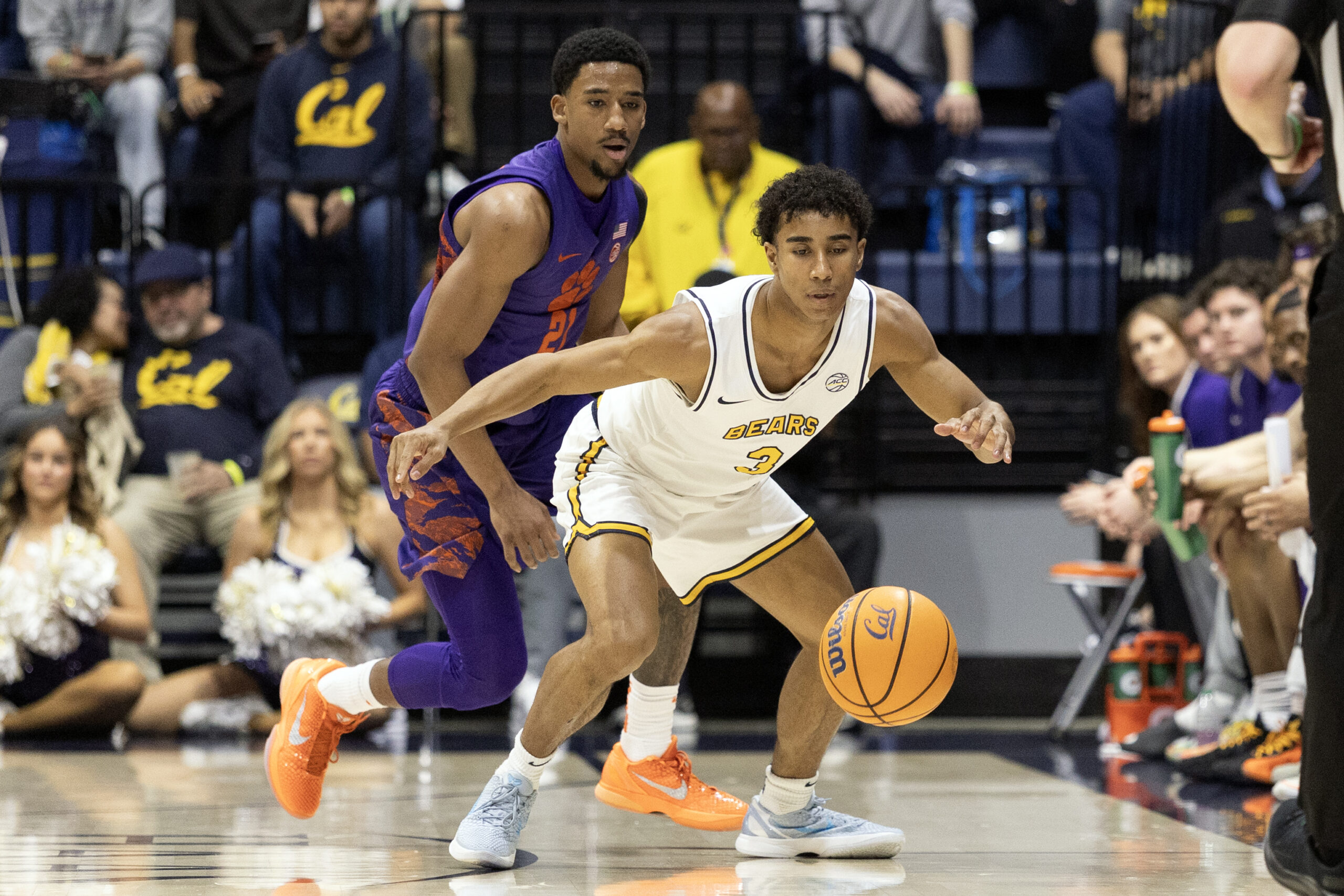 Feb 7, 2026; Berkeley, California, USA; California Golden Bears guard Semetri (TT) Carr (3) goes to recover a loose ball after it was knocked away by Clemson Tigers guard Ace Buckner (21) during the first half at Haas Pavilion. Mandatory Credit: D. Ross Cameron-Imagn Images