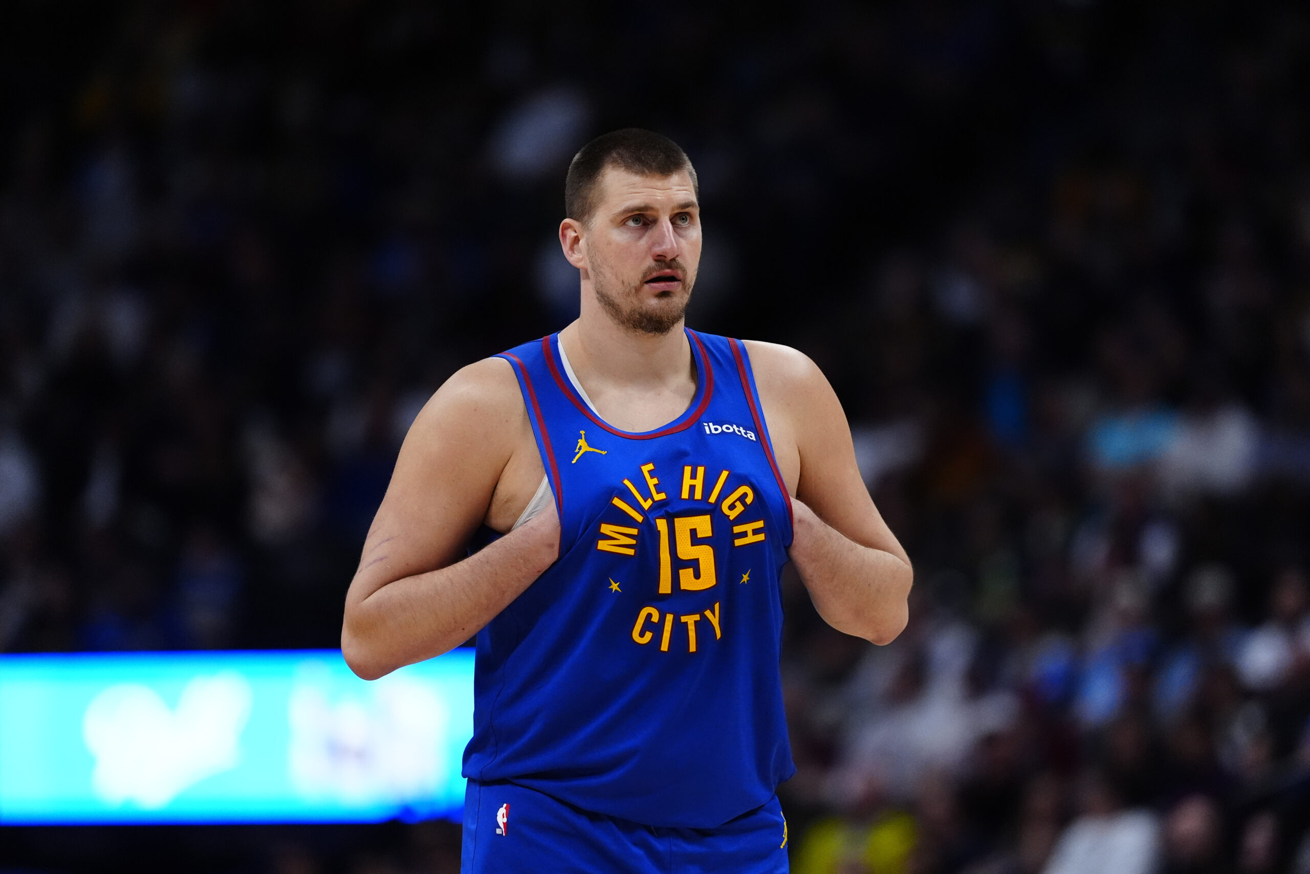 Feb 9, 2026; Denver, Colorado, USA; Denver Nuggets center Nikola Jokic (15) during the second quarter against the Cleveland Cavaliers at Ball Arena. Mandatory Credit: Ron Chenoy-Imagn Images