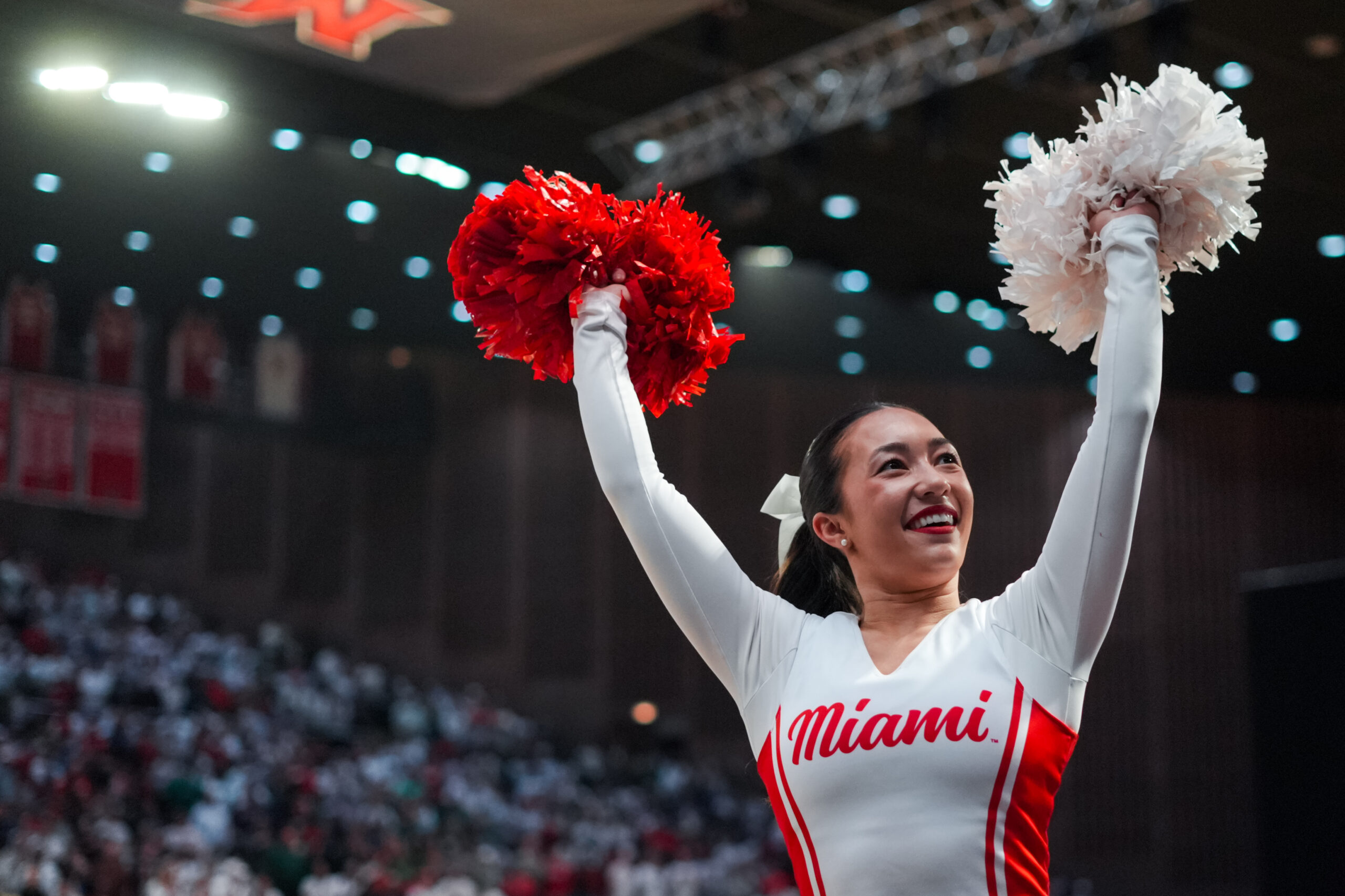 Feb 13, 2026; Miami, Ohio, USA; A cheerleader performs before the game between the Ohio Bobcats and the Miami (OH) RedHawks at Millett Hall. Mandatory Credit: Aaron Doster-Imagn Images